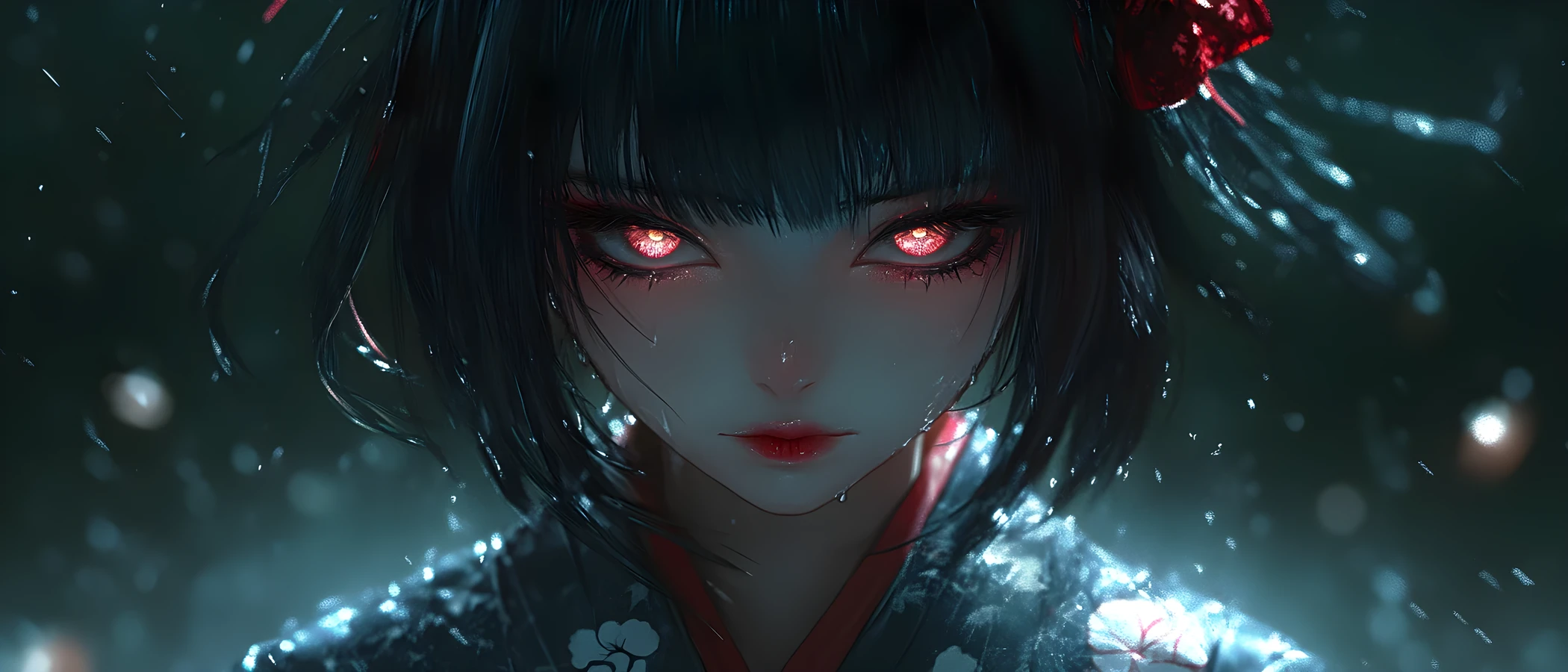Sad 3D anime girl with glowing unearthly eyes