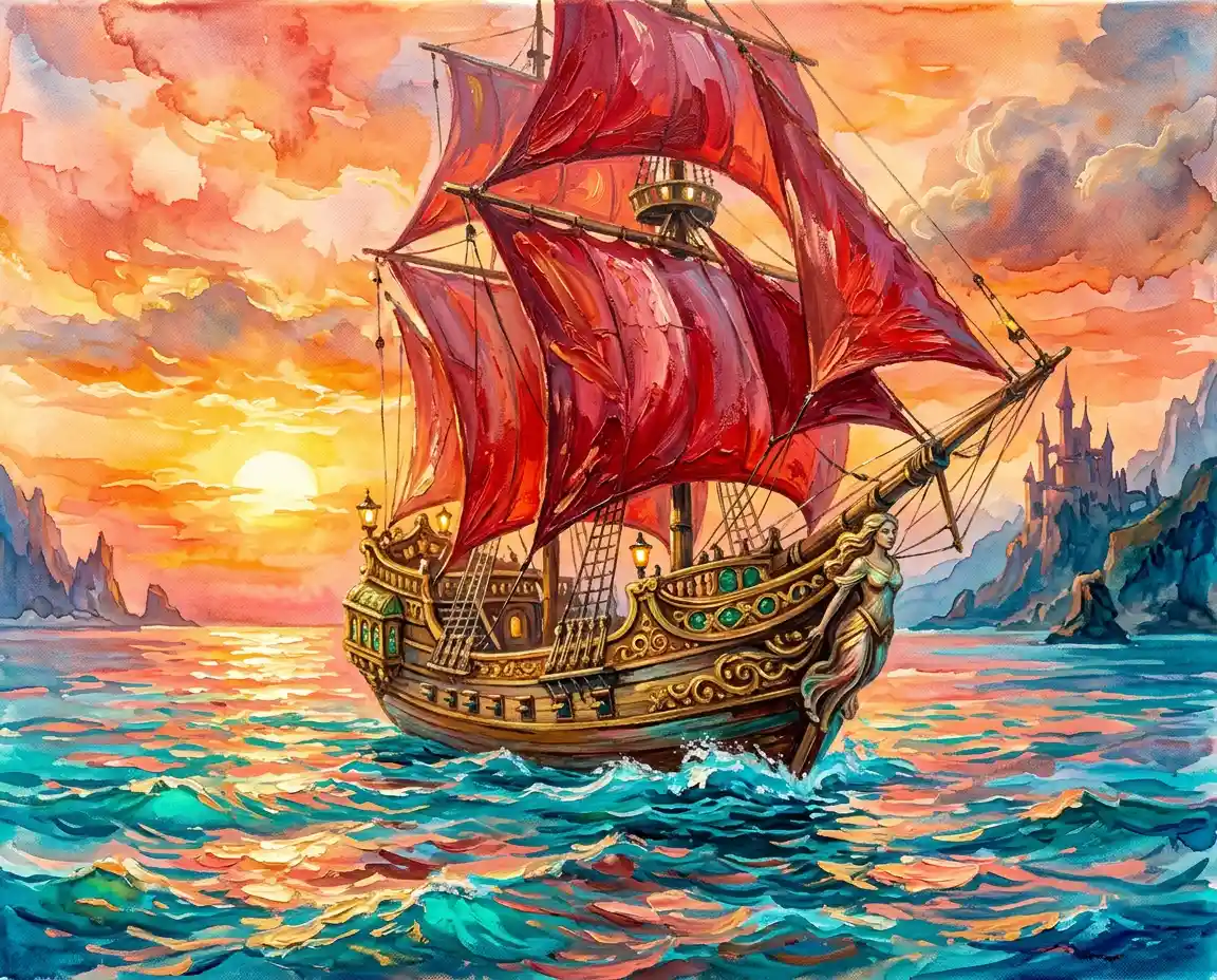 Fantasy-Segelschiff mit purpurroten Segeln im Sonnenuntergang