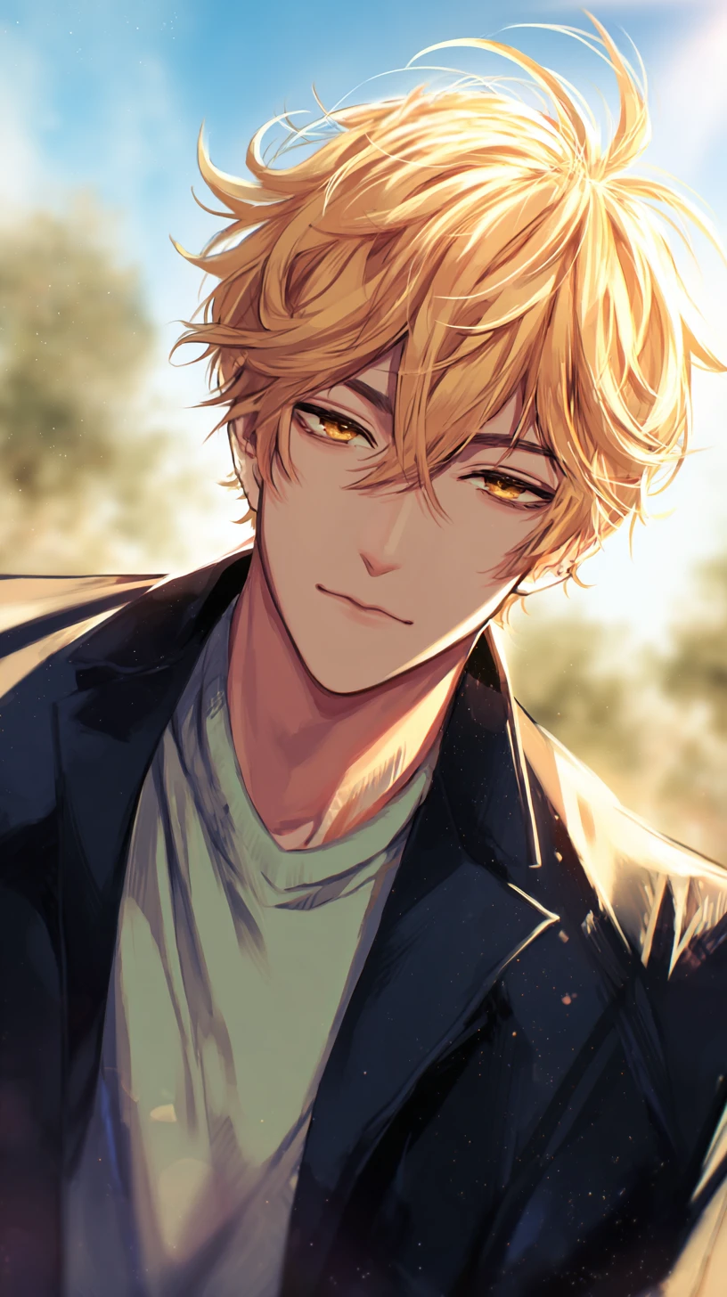 Golden haired man standing in sunlight outdoors