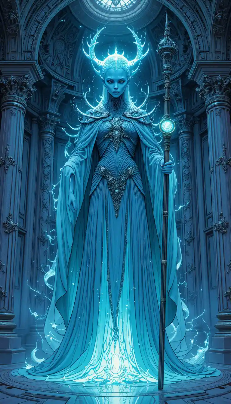 Tall bioluminescent alien in flowing robes holding staff