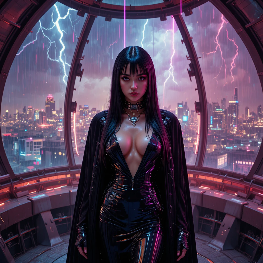 Cyberpunk femme fatale in a neon lit rooftop observatory