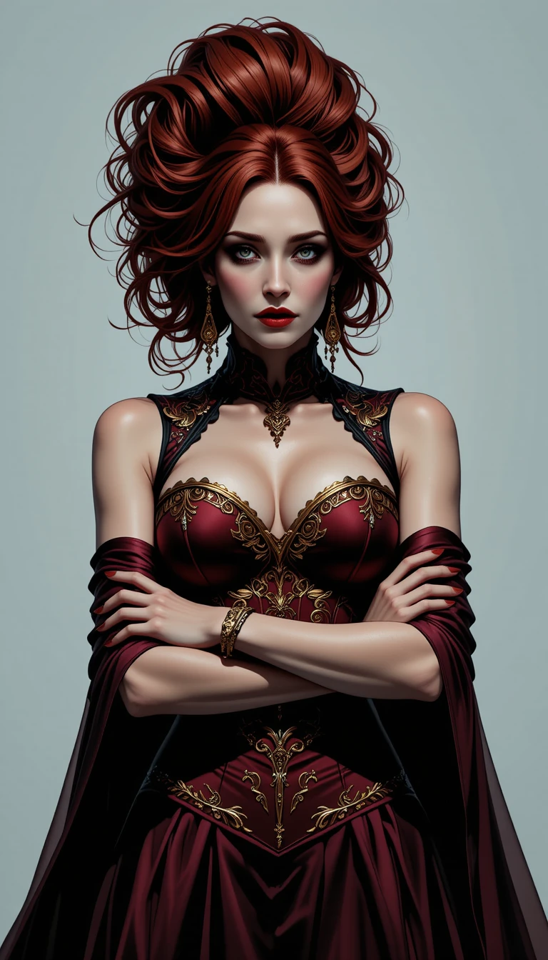 Auburn haired vampire woman in scarlet corset portrait