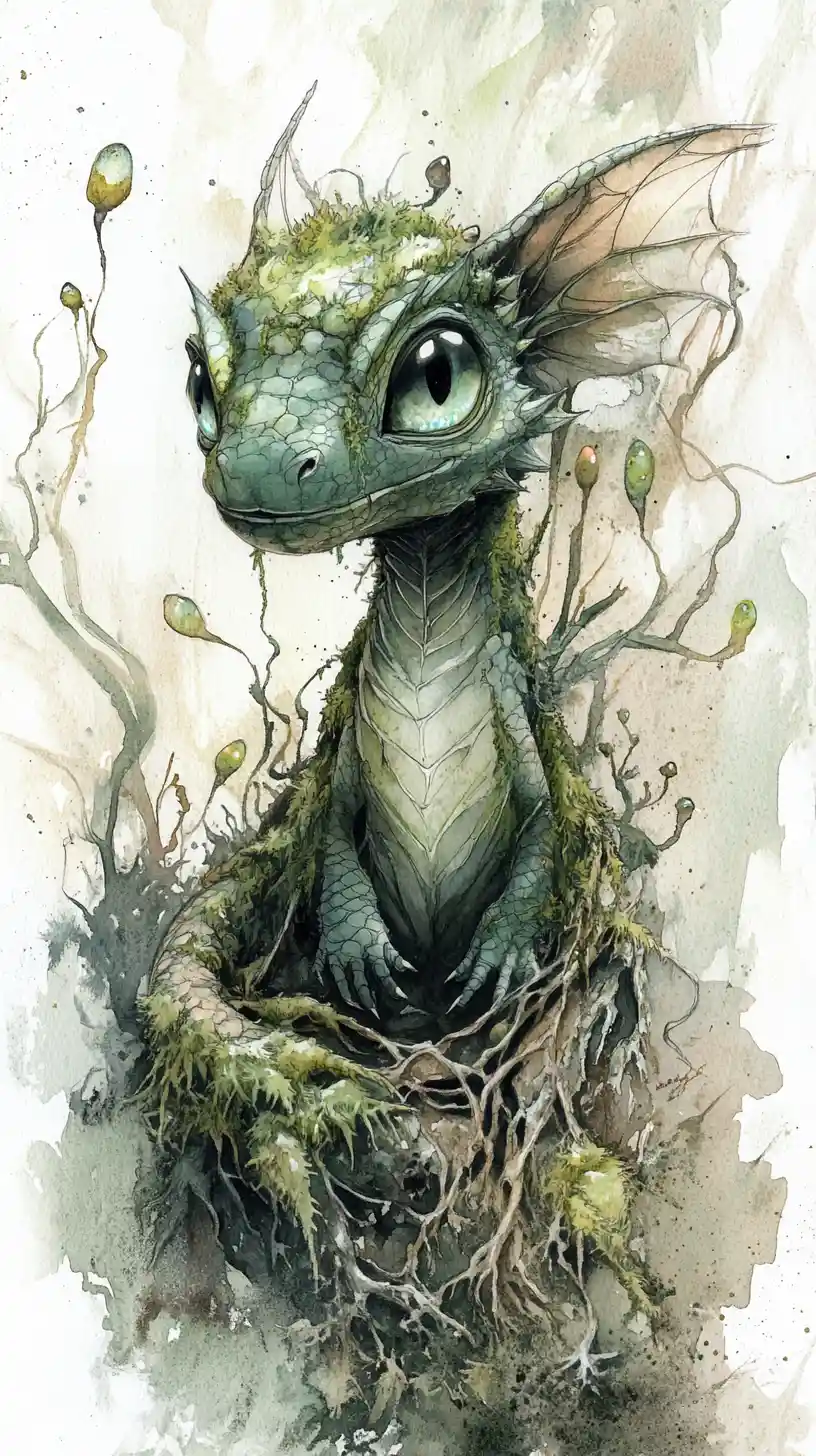 Mossy Forest Dragon With Glowing Spores In Watercolor Ink