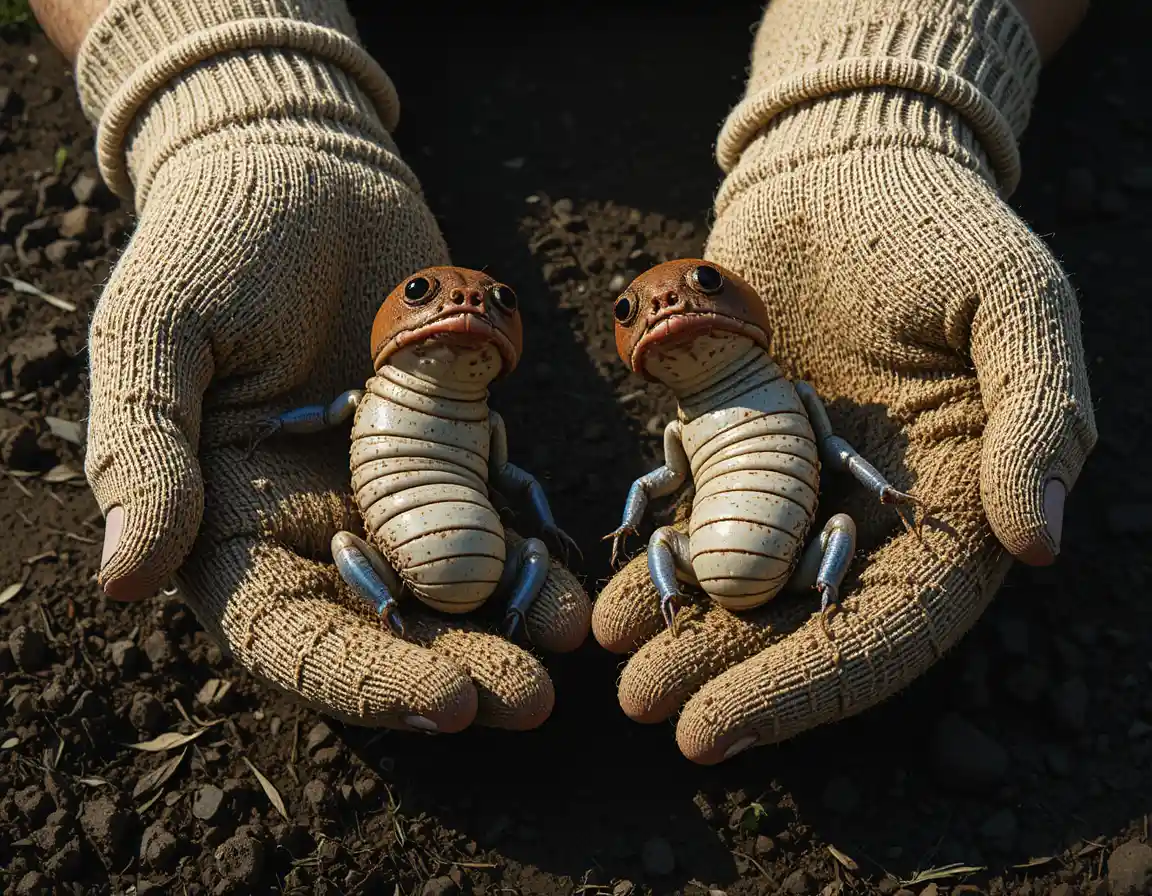 Mani guantate che tengono due larve bianche sopra il terreno scuro del giardino