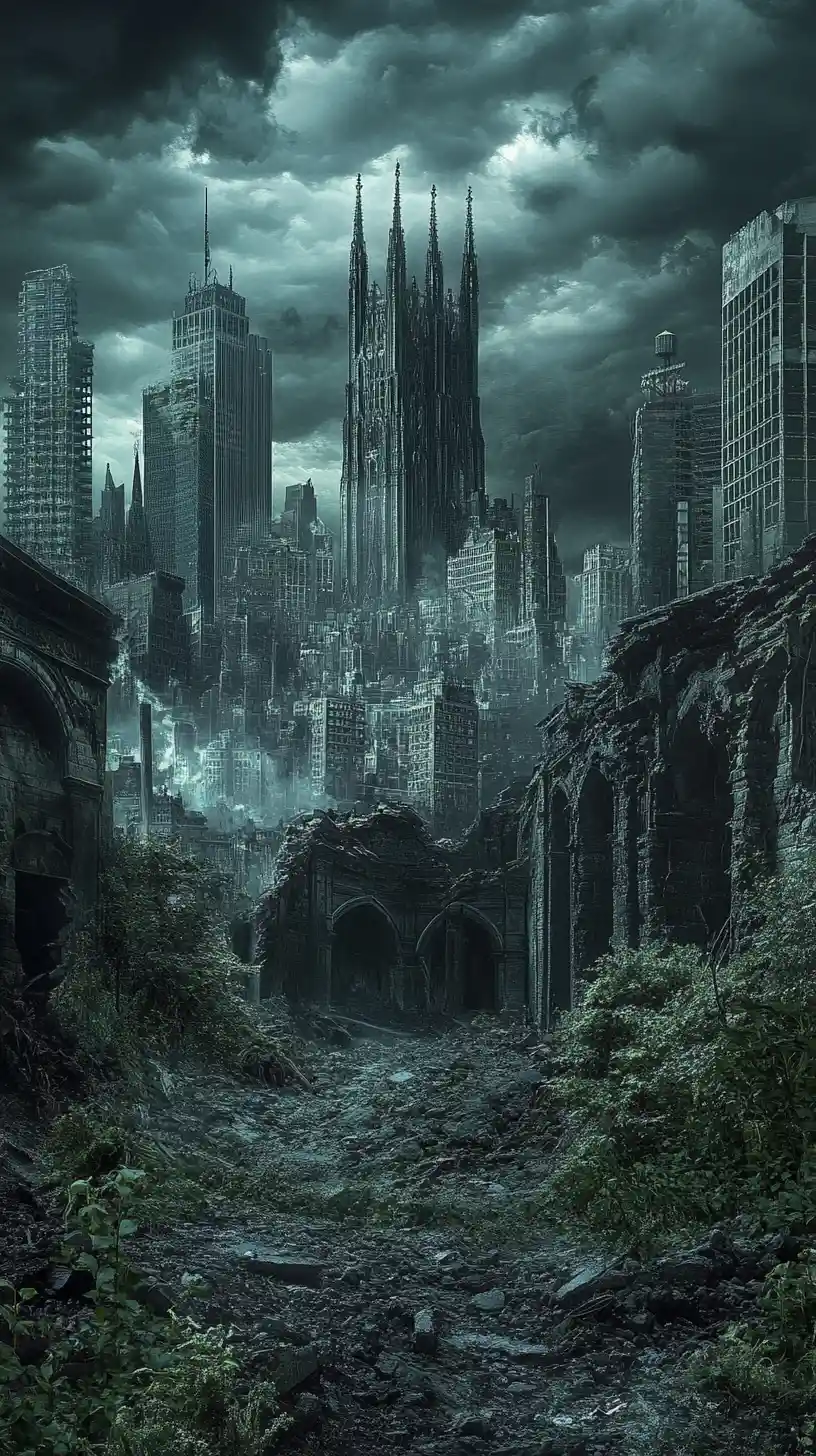Gothic Manhattan Skyline Rising Above Ancient City Ruins