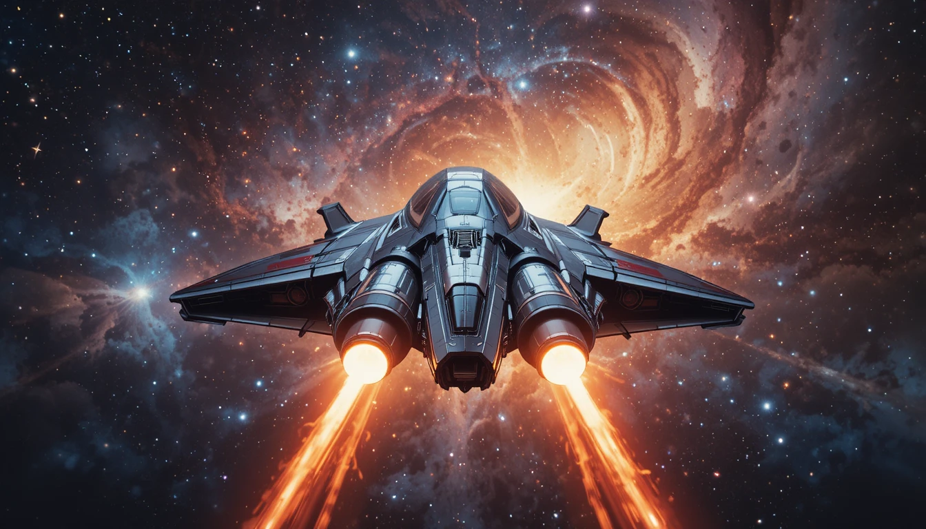 Futuristic spaceship blasting away through a colorful galaxy