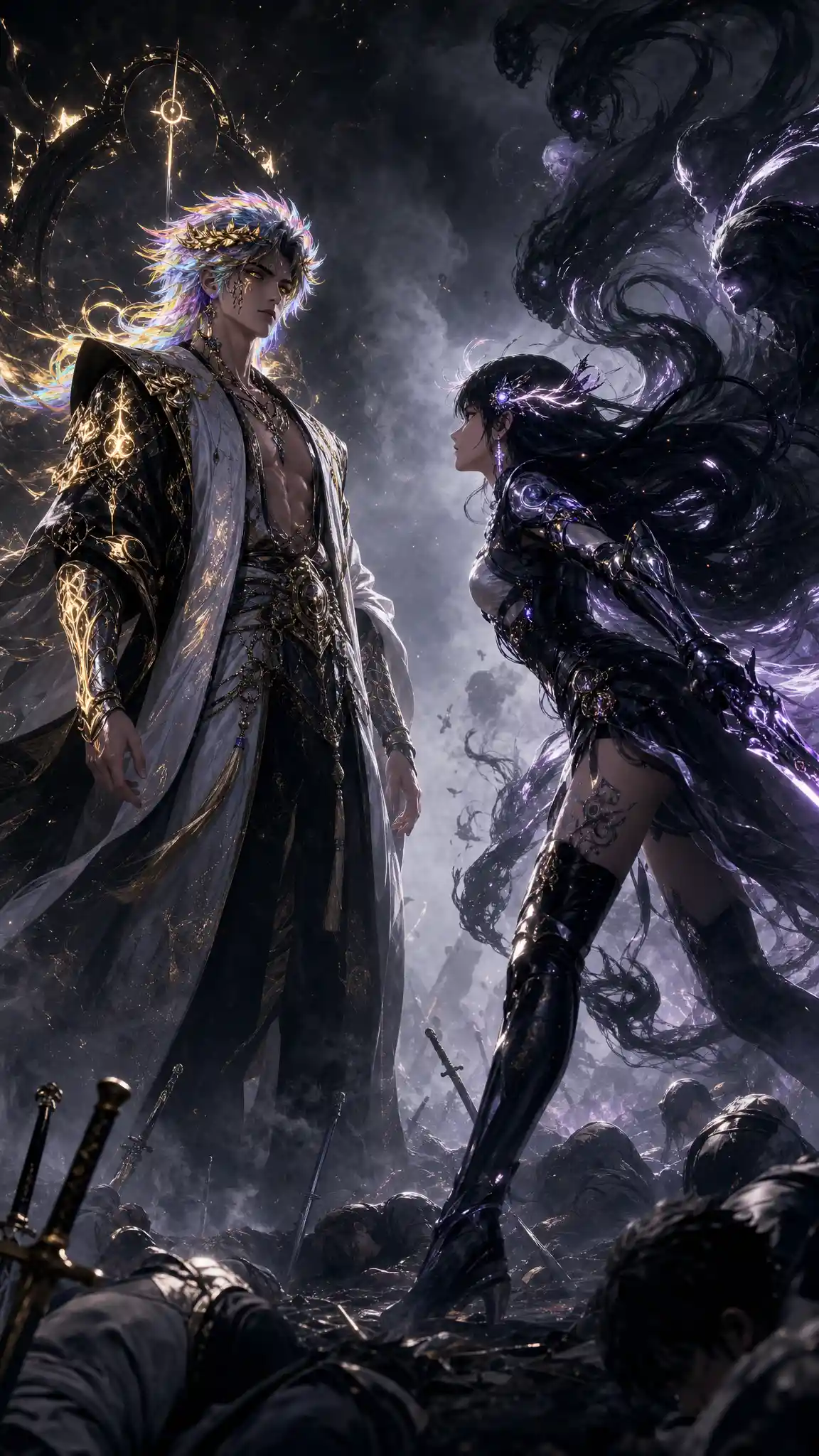 Young warrior woman facing a crowned man on battlefield