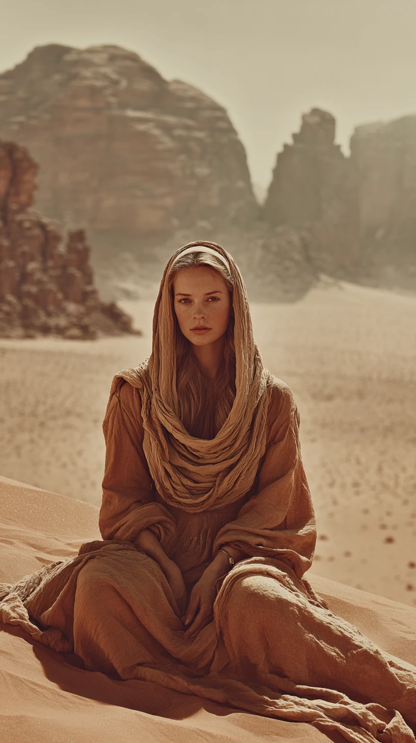 Woman in flowing robe seated on vast desert dune