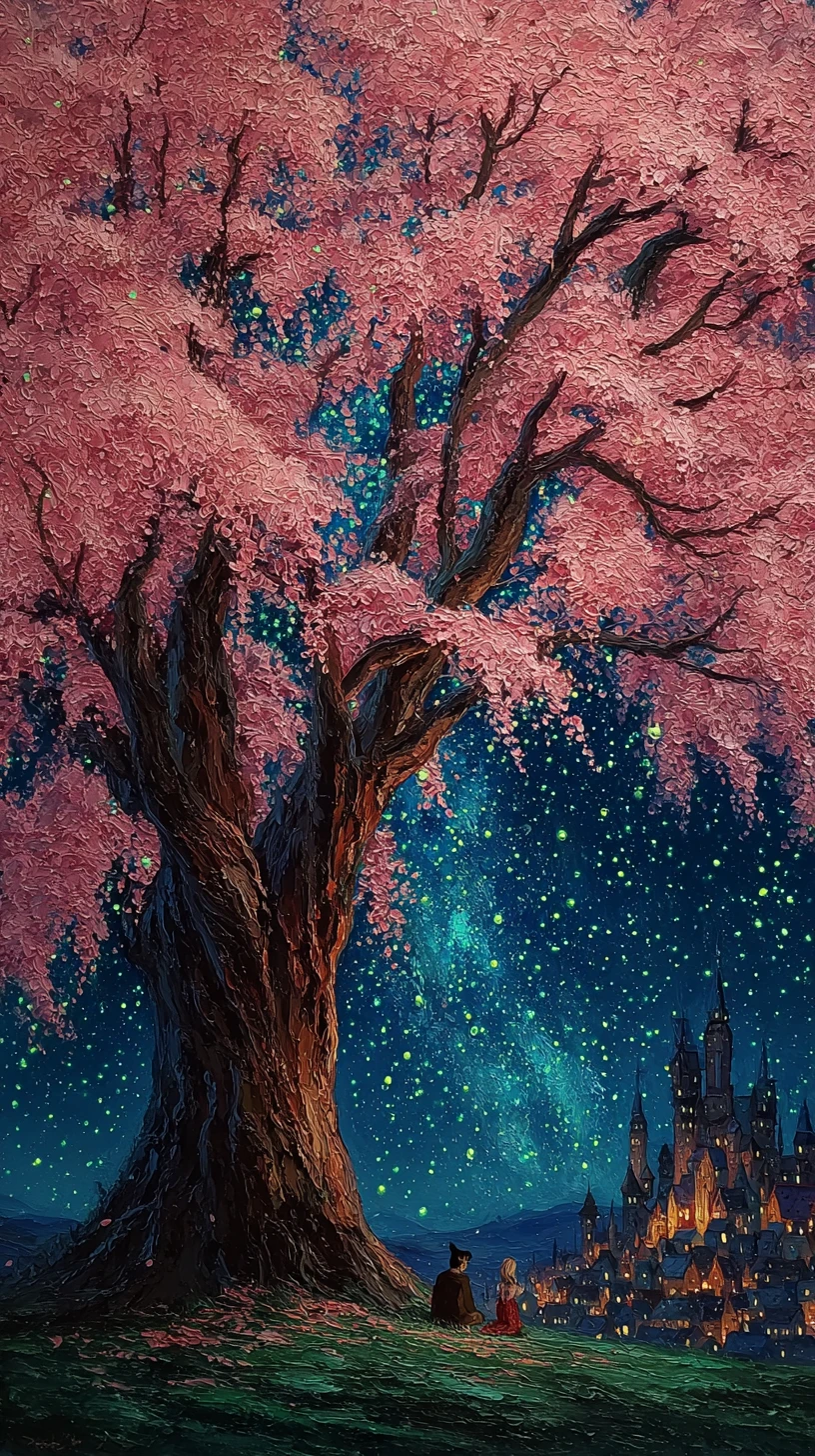 Ancient Blossom Tree Towering Above A Tiny Figure