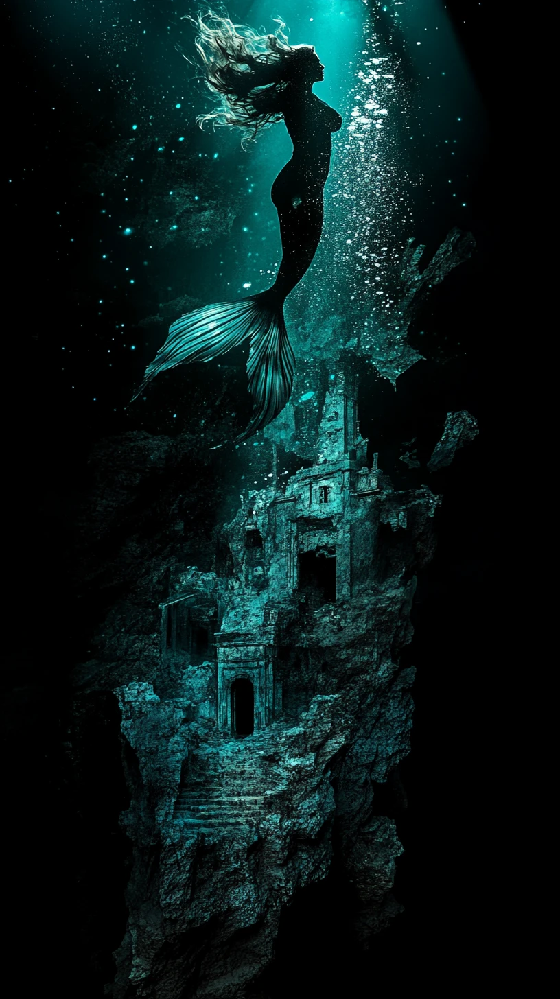 Surreal Double Exposure Of Colossal Mermaid And Female Profile