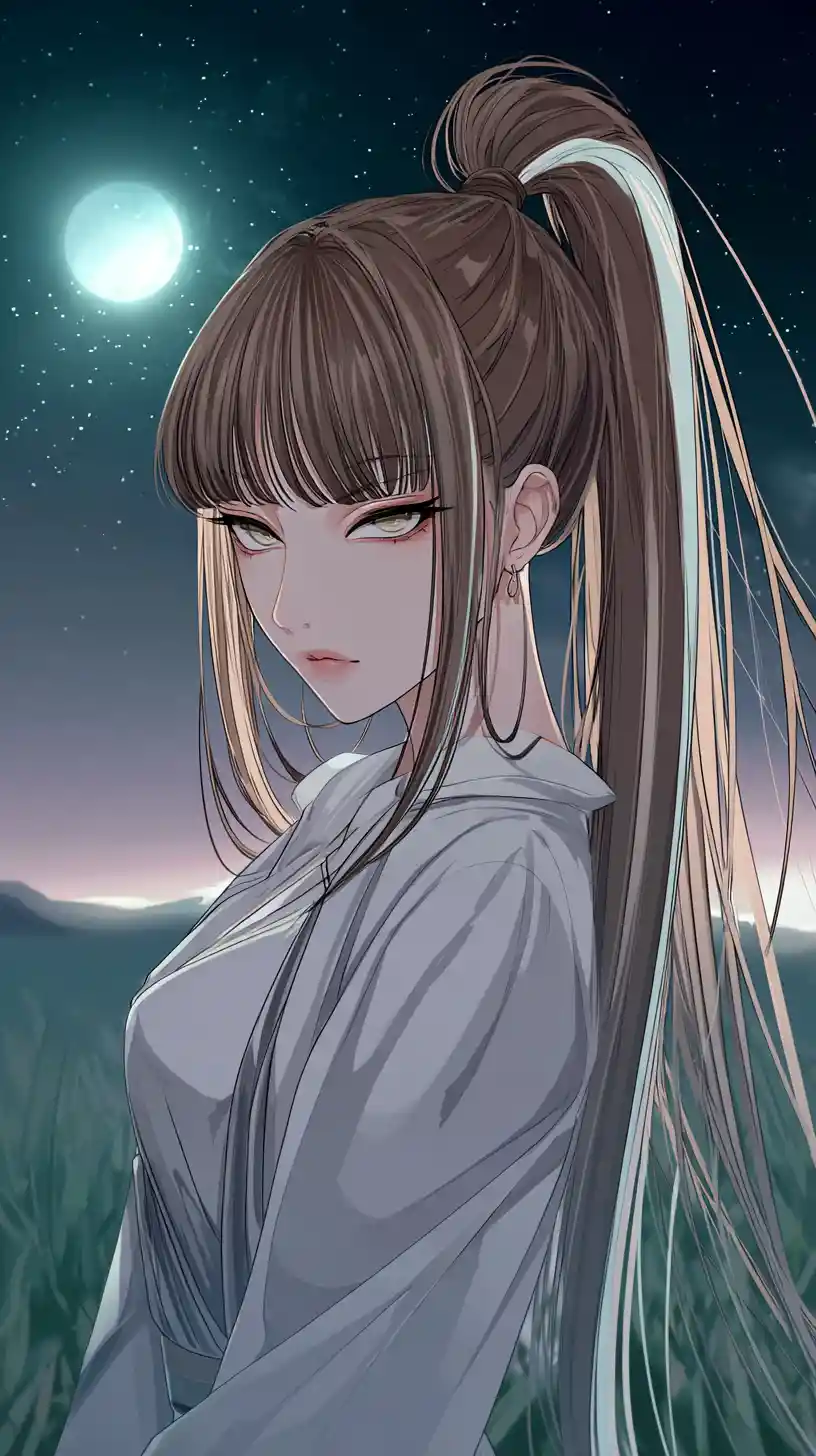Confident anime girl in athleisure under moonlit night sky