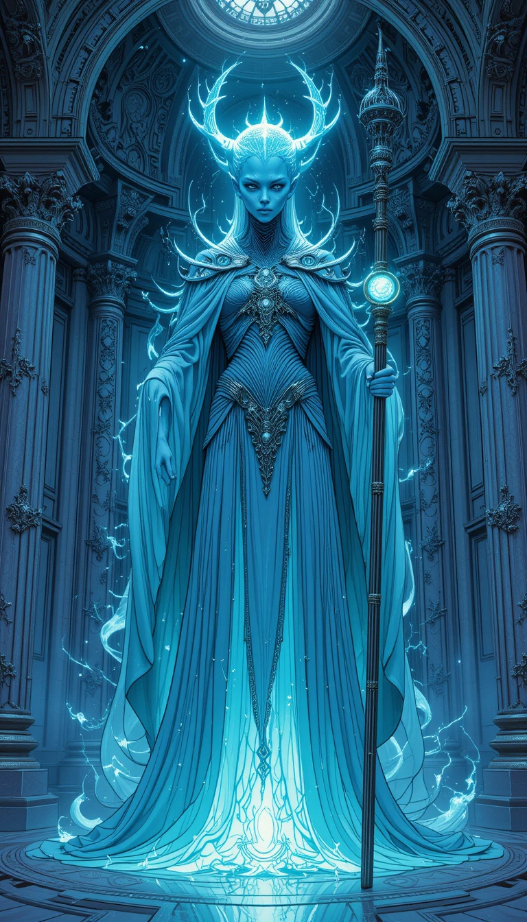 Tall bioluminescent alien in flowing robes holding staff