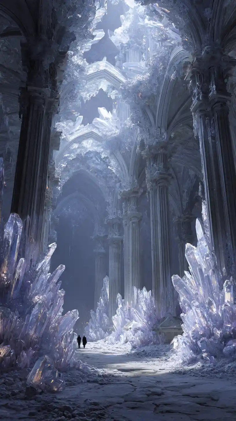 Dark winter landscape with frosty ice flowers and crystals