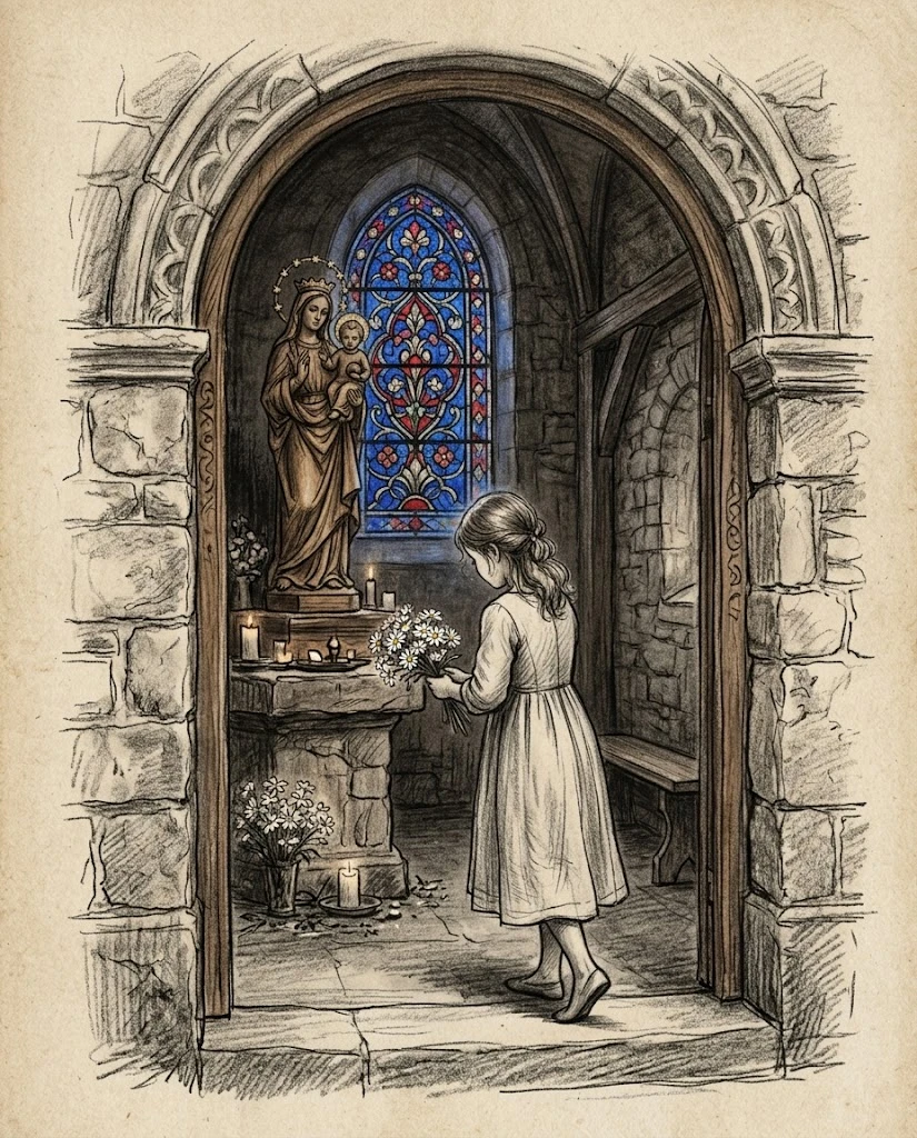 Young girl laying white daisies before a Marian statue