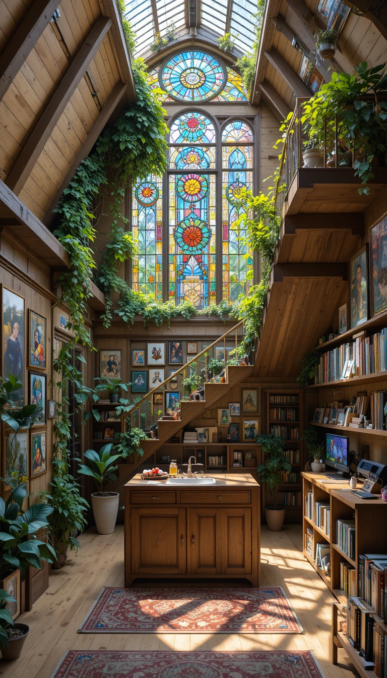 Chambre en mezzanine baignée de soleil avec plantes et vitrail coloré