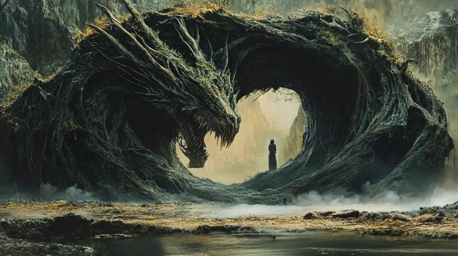 Surreal root creature encircling a woman in dark forest