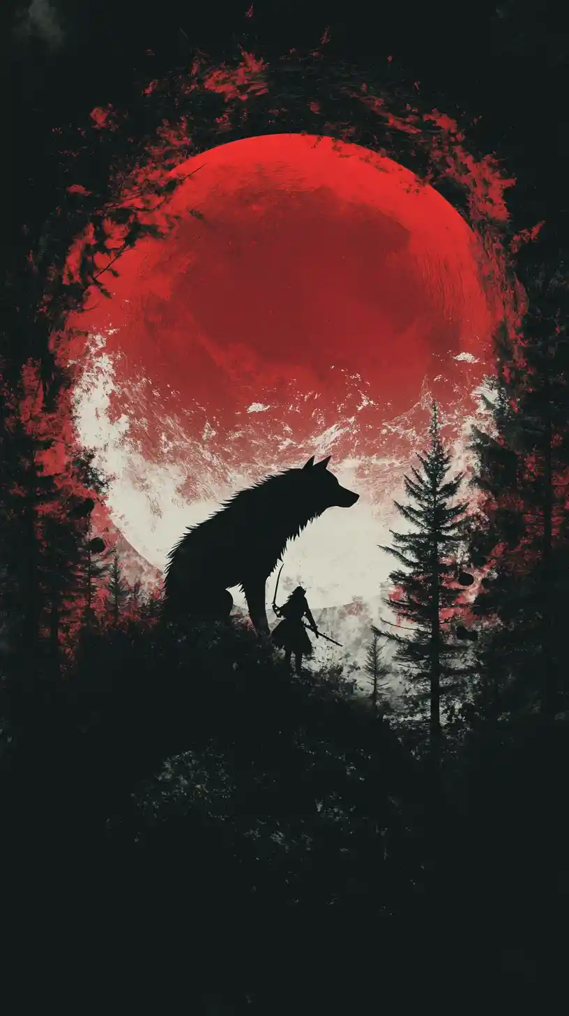 Wolf silhouette encircling a lone hunter in red moonlight