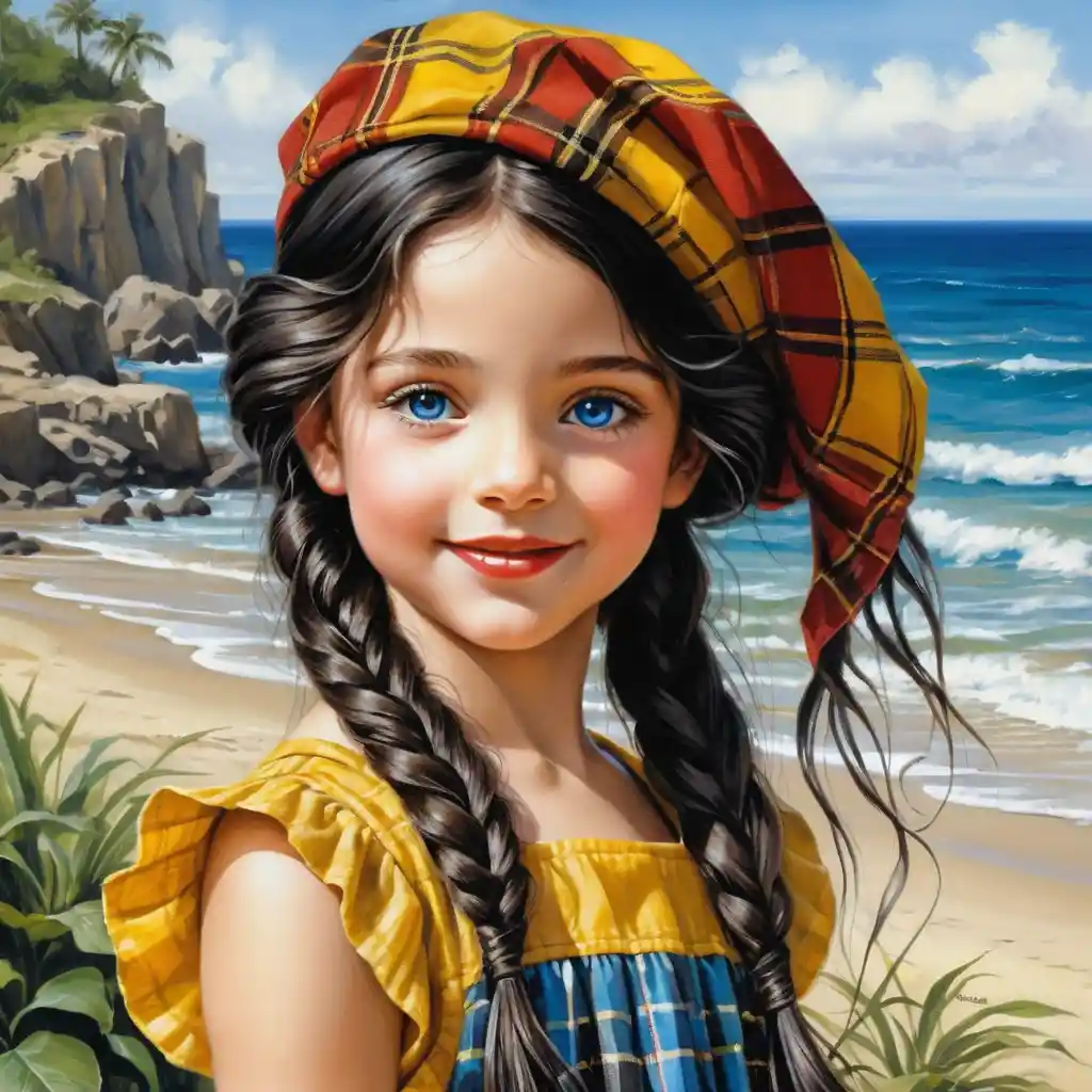 Smiling girl with blue eyes in plaid beret and dress