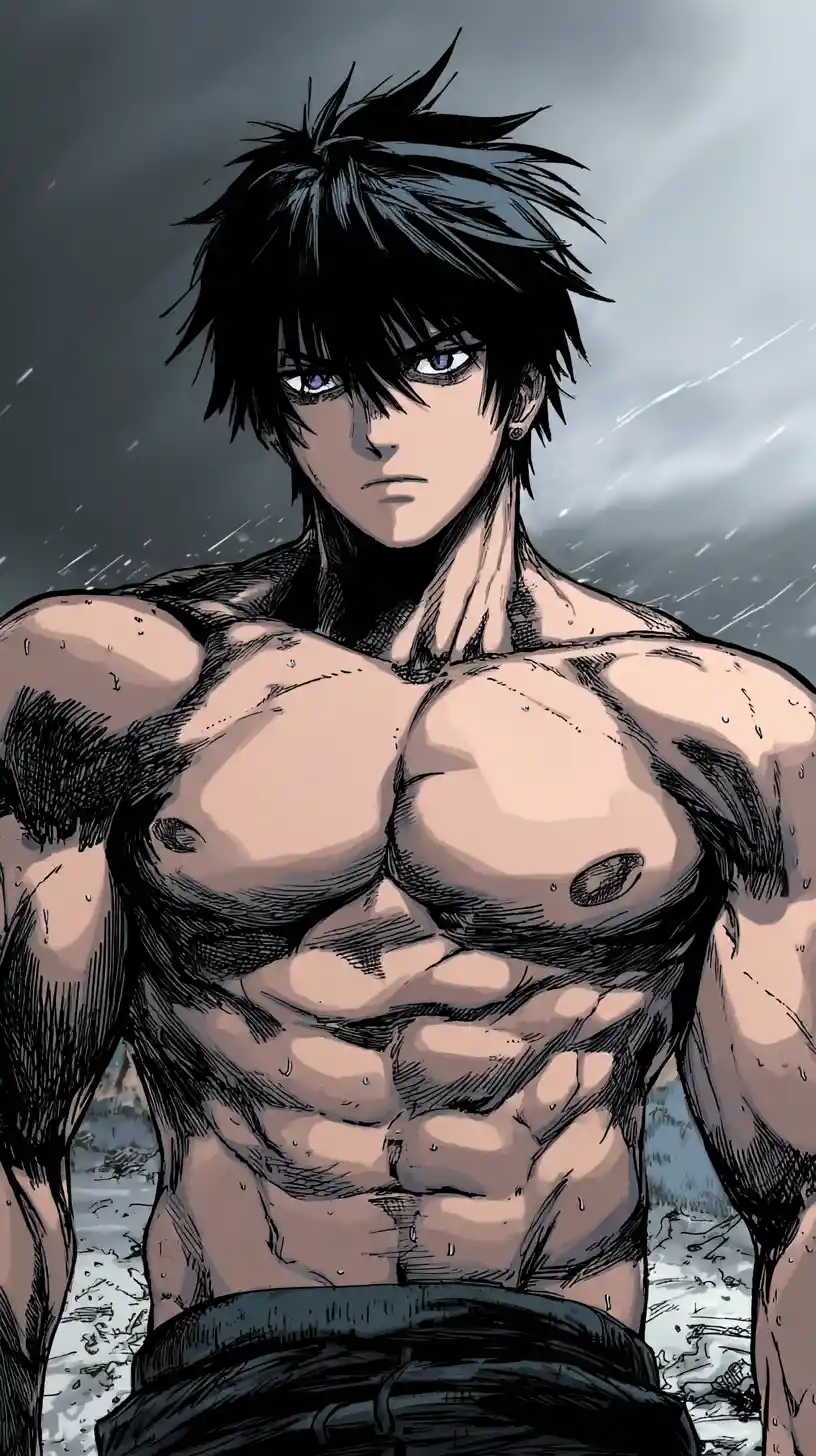 Muscular scarred man in stormy outdoor manhwa scene
