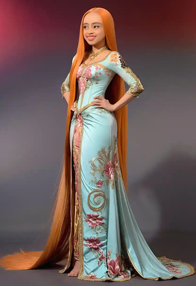 Woman with floor length straight hair in side profile view