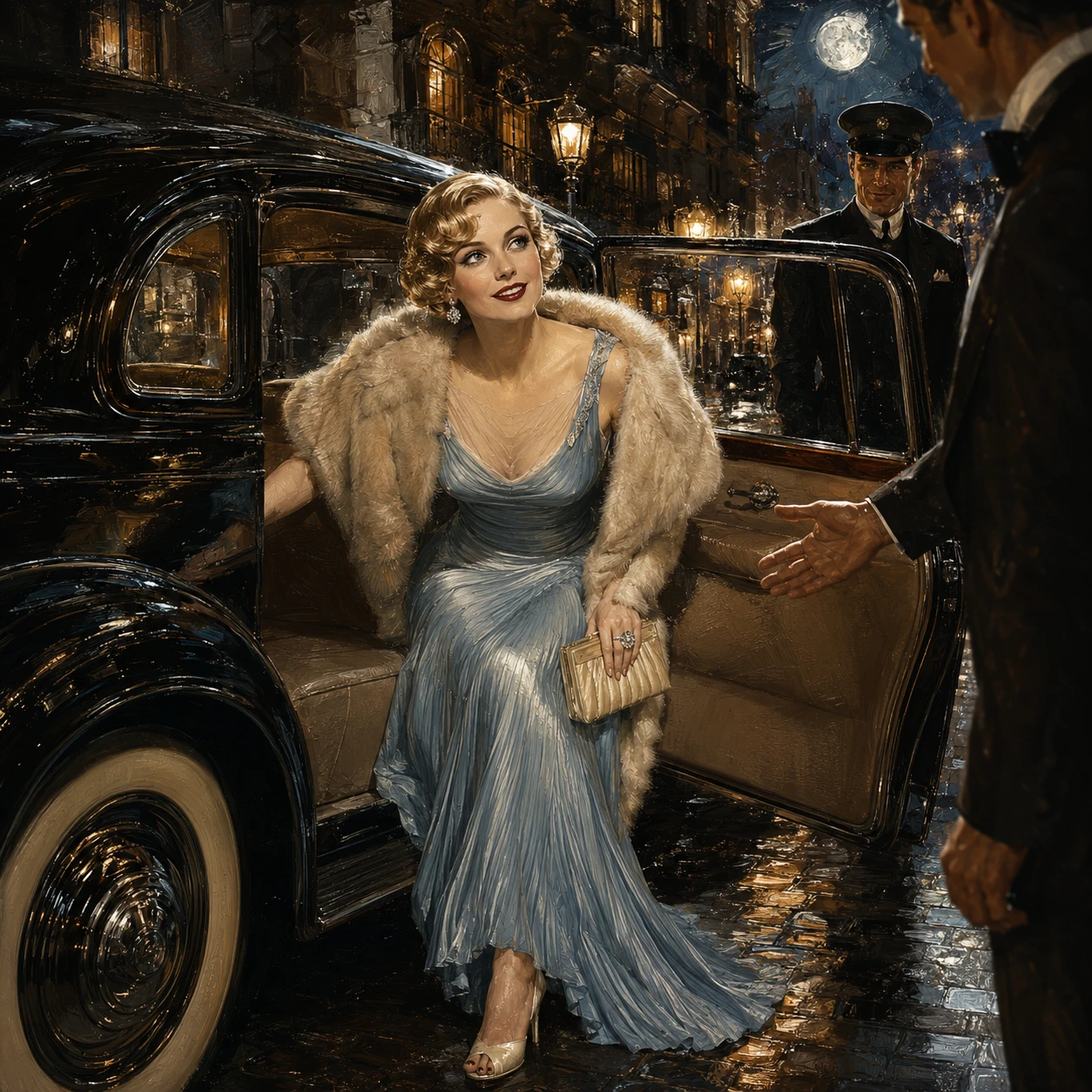 Elegante mujer rubia saliendo de un coche de lujo clásico