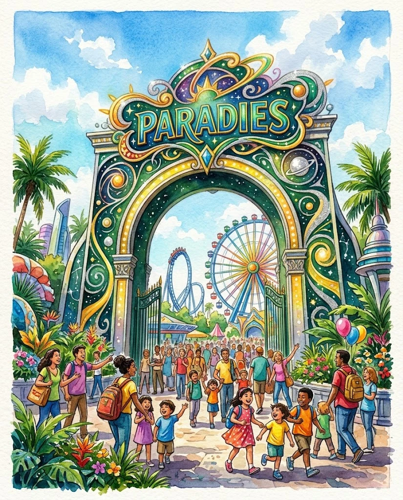Joyful crowd at cosmic themed amusement park entrance