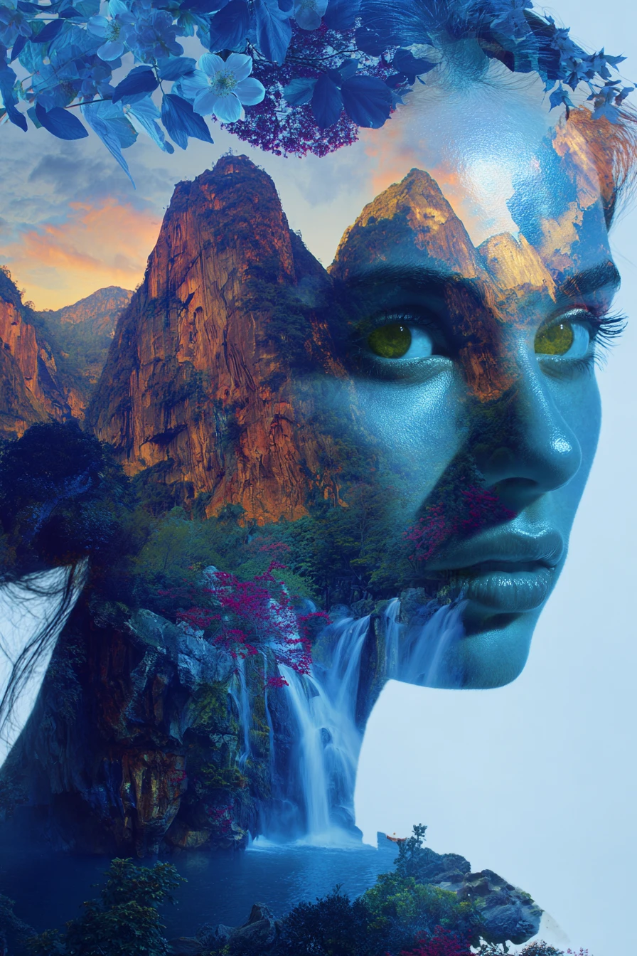 Double exposure mountain and nature spirit portrait painting