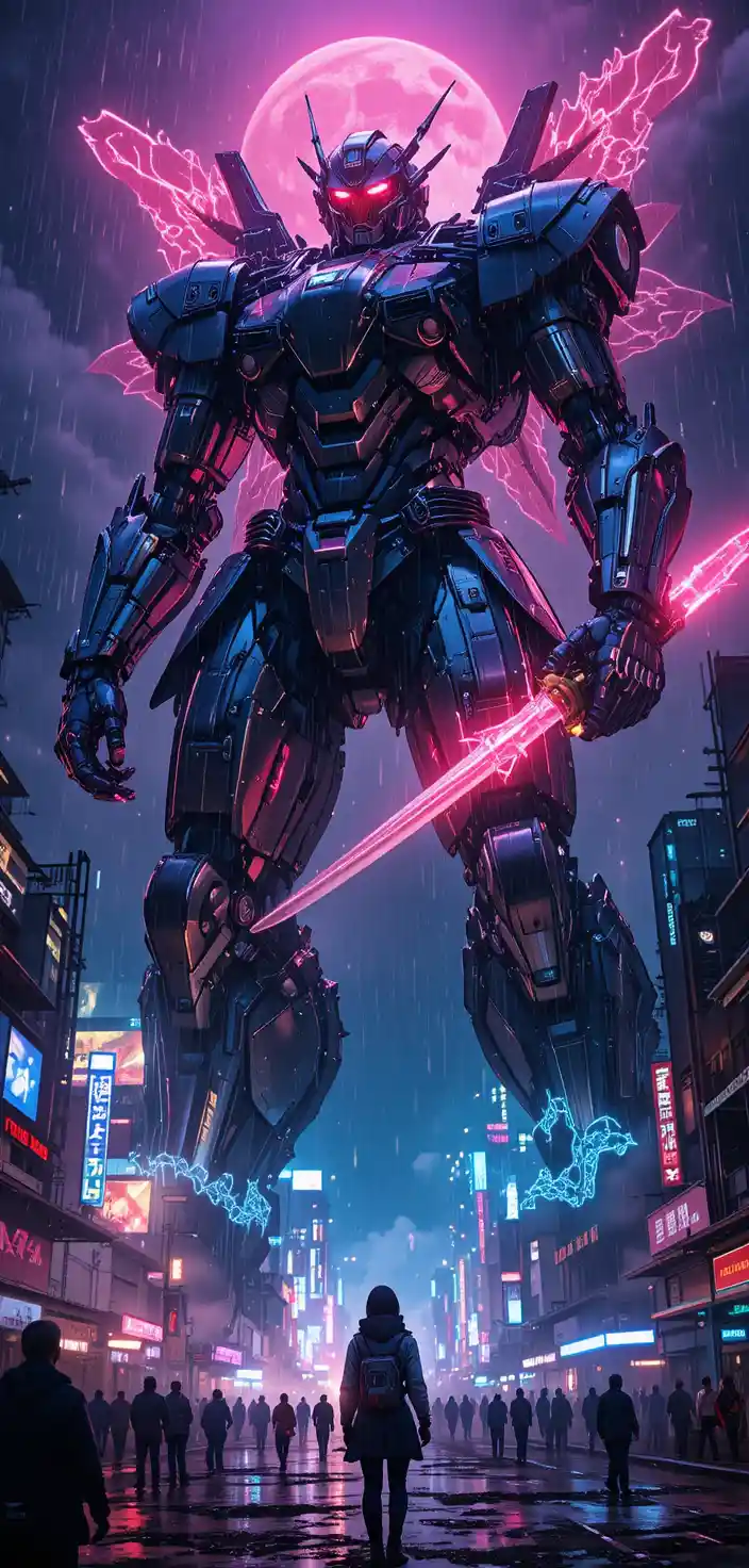 Biomechanical samurai mech towers over neon drenched Tokyo skyline