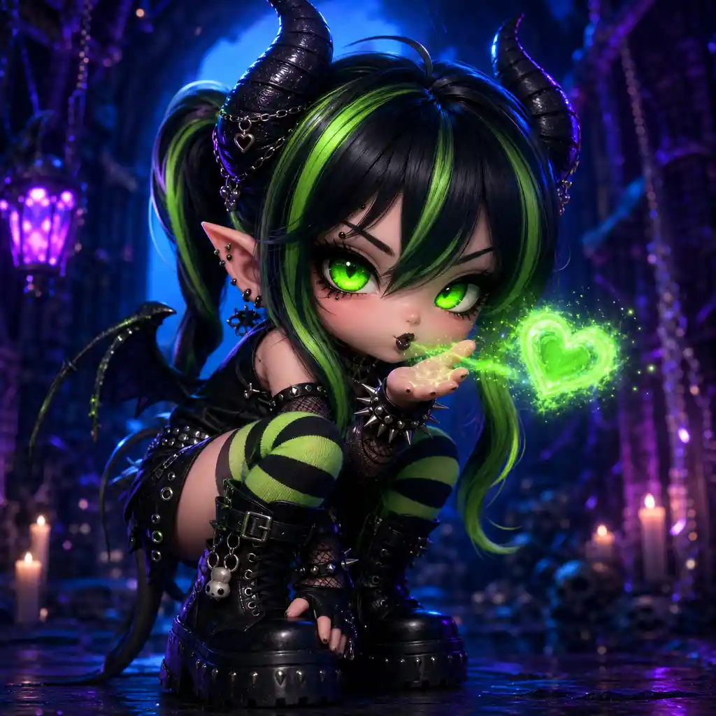 Chibi gothic demon girl blowing a glowing neon heart