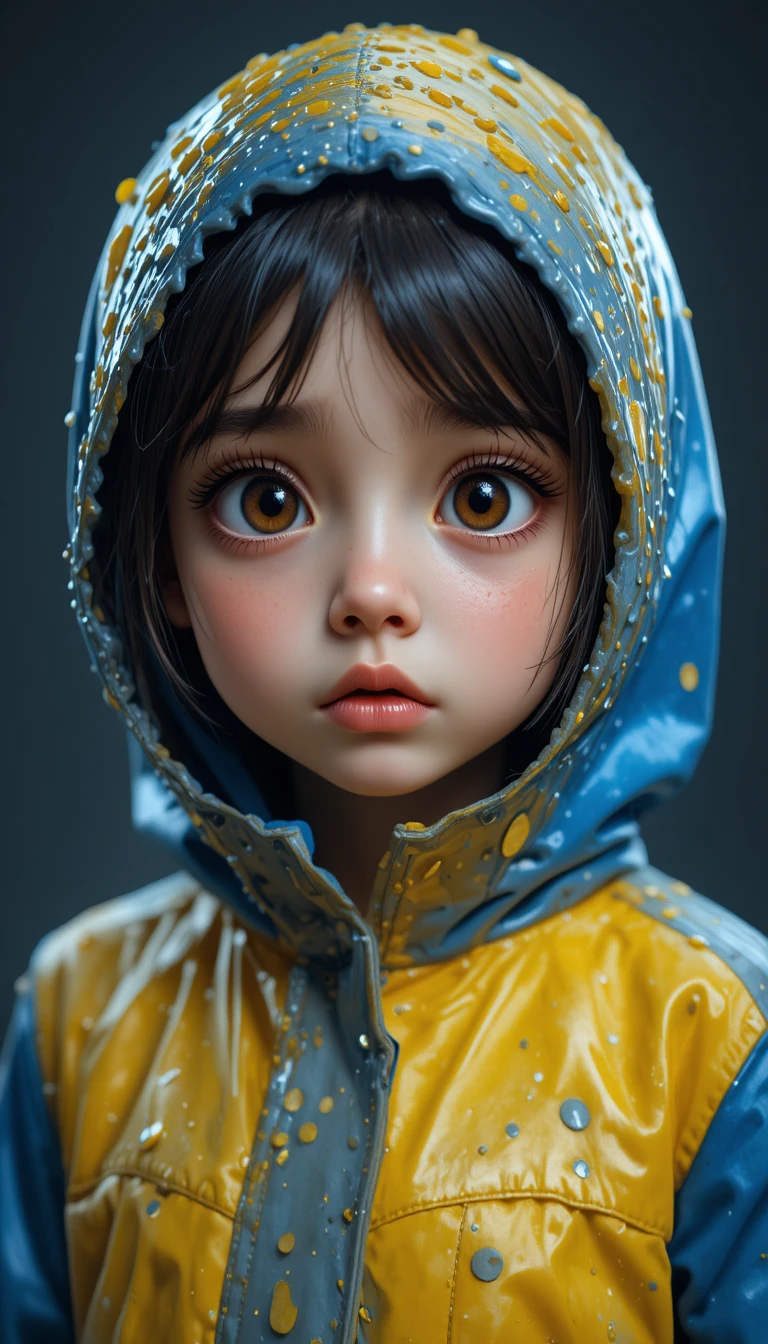 Worried young girl in a blue and yellow raincoat close up