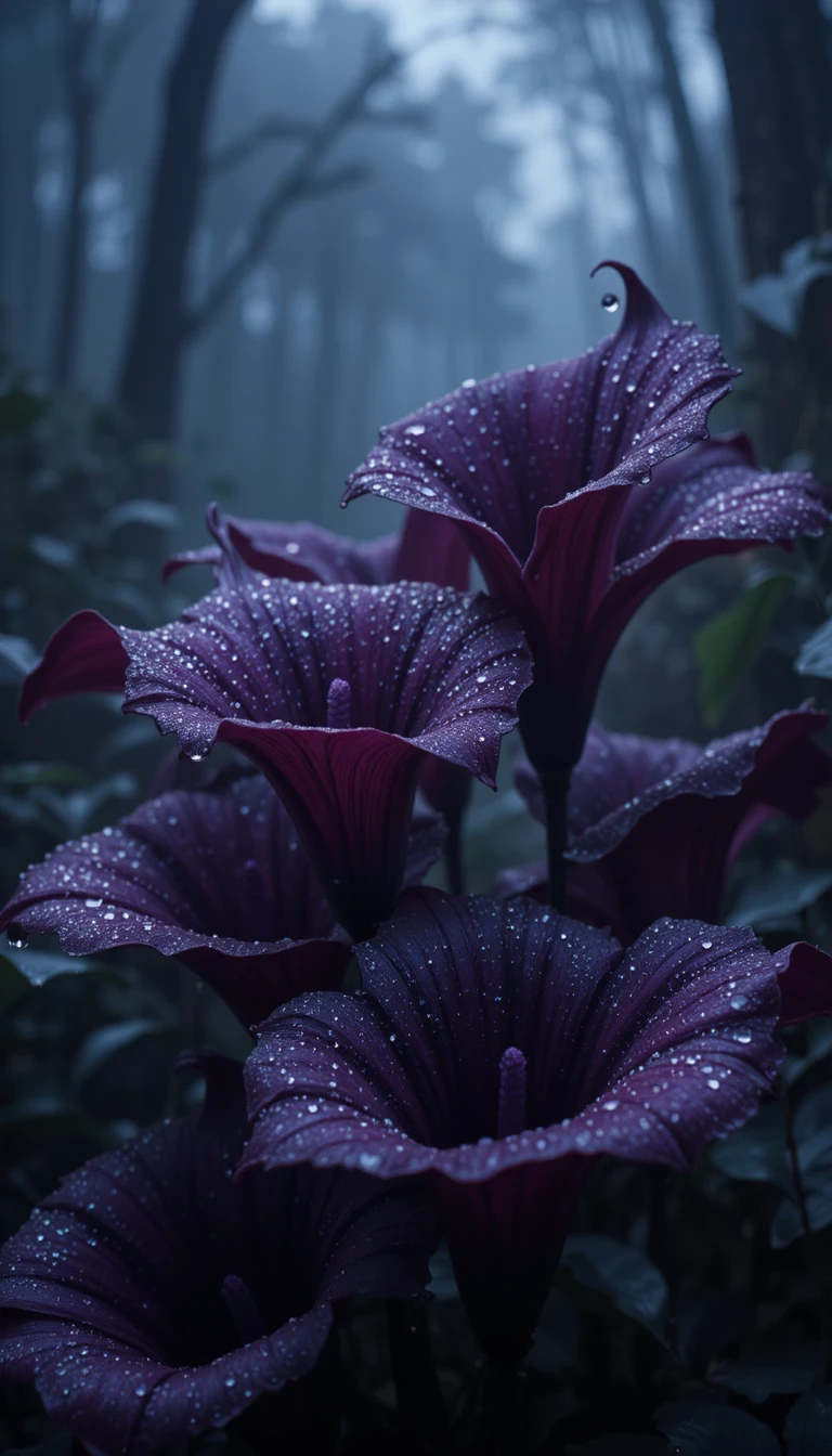 Dark Purple Calla Lilies With Dew In Misty Forest