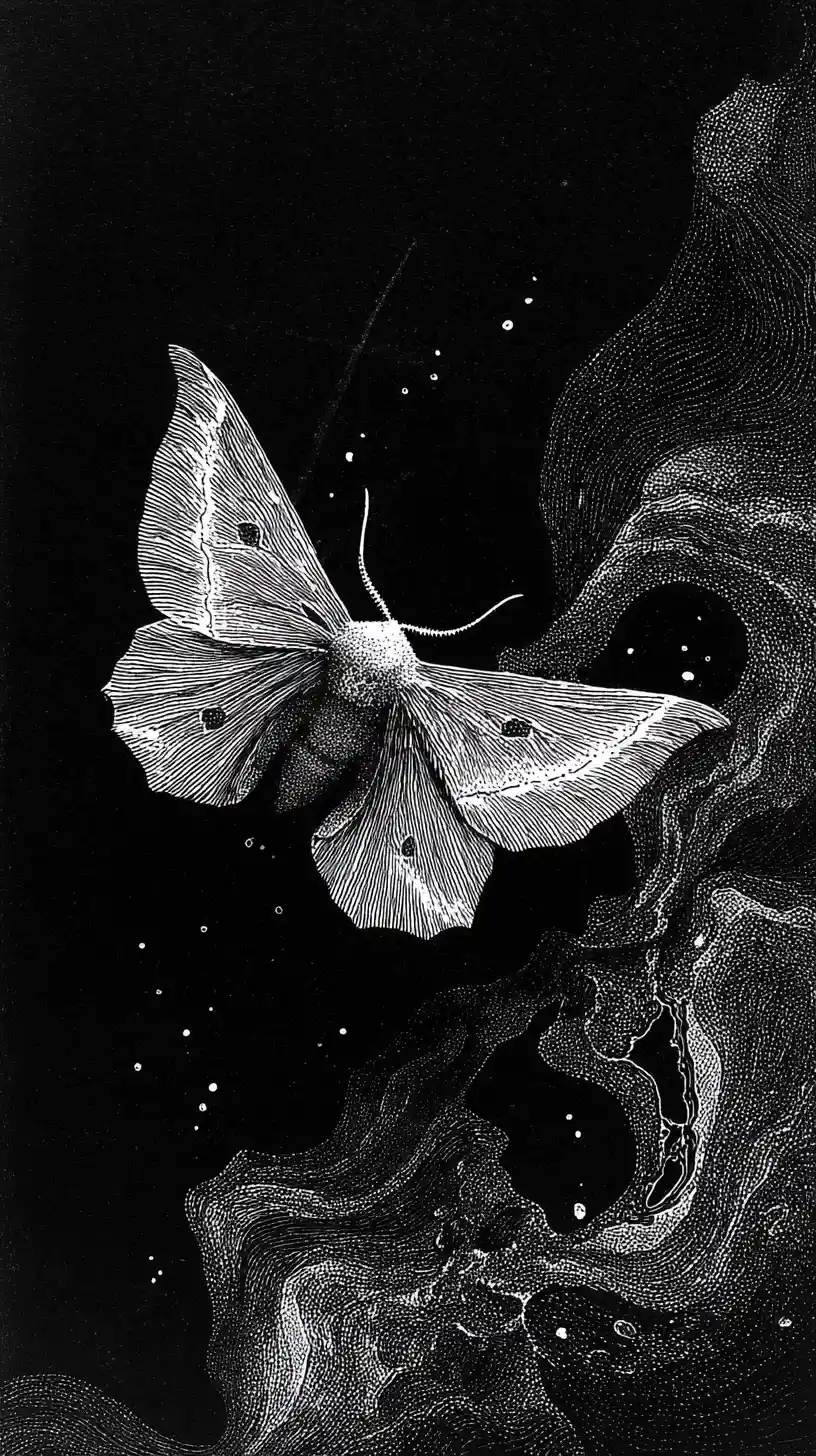 Moth with floral wing dissolving into swirling abstraction