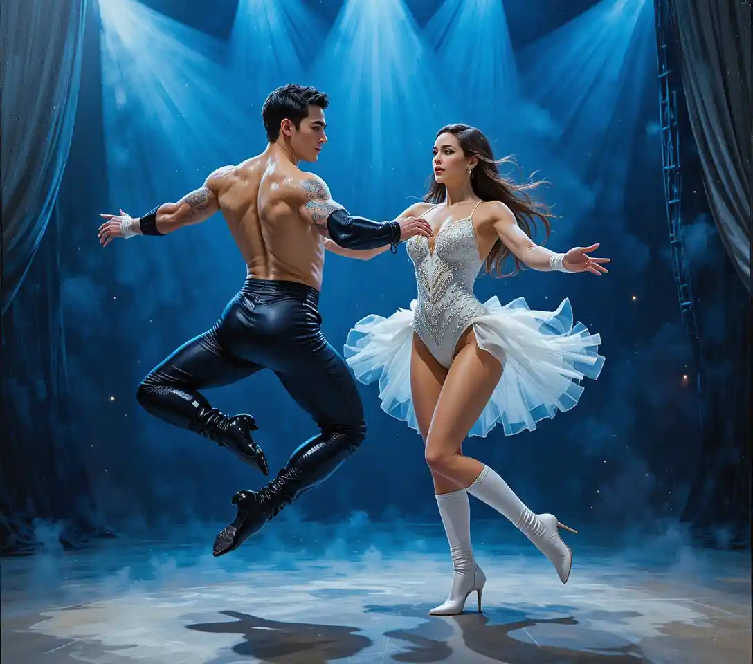 Dynamic dance duo performing on a blue lit concert stage