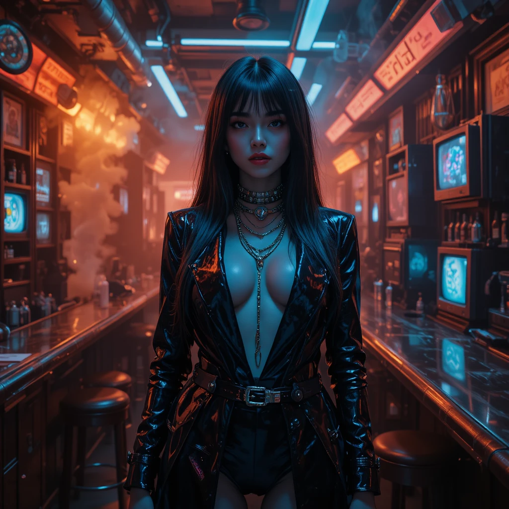 Femme fatale portrait in a futuristic underground jazz bar