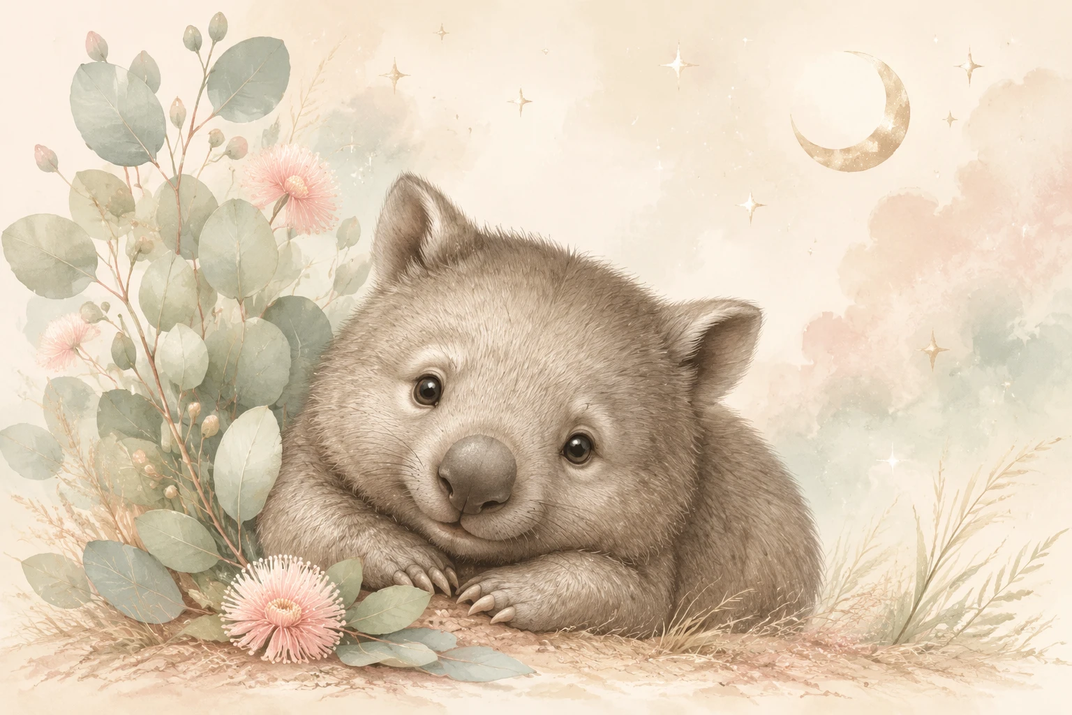 Cute baby wombat nursery illustration with eucalyptus