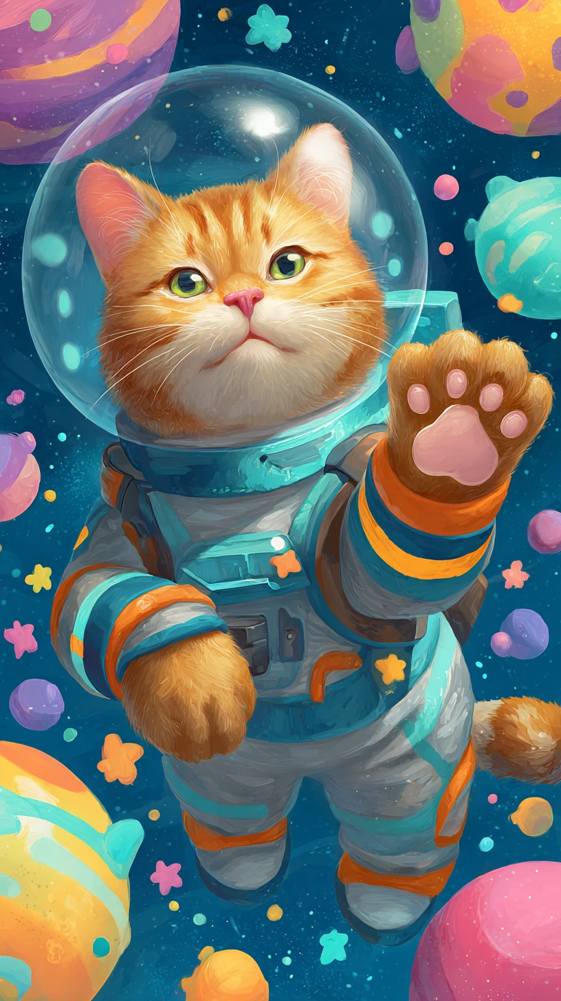 Playful space cat in a retro futuristic suit among planets