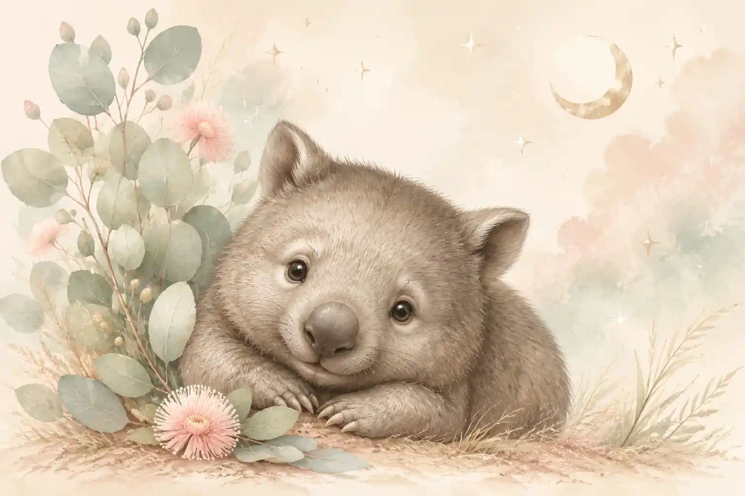 Cute baby wombat nursery illustration with eucalyptus
