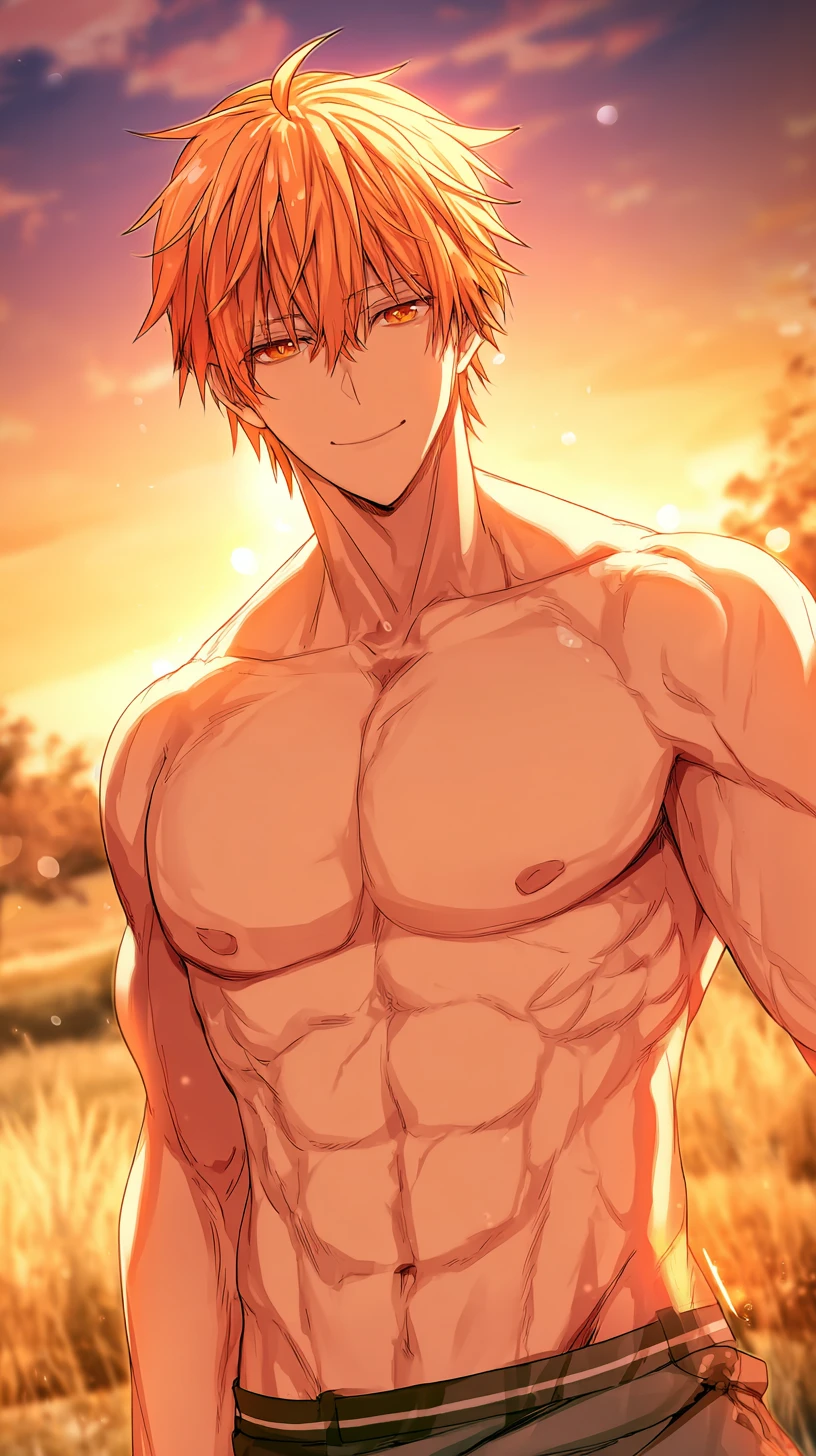 Confident muscular man in anime style at sunset outdoors