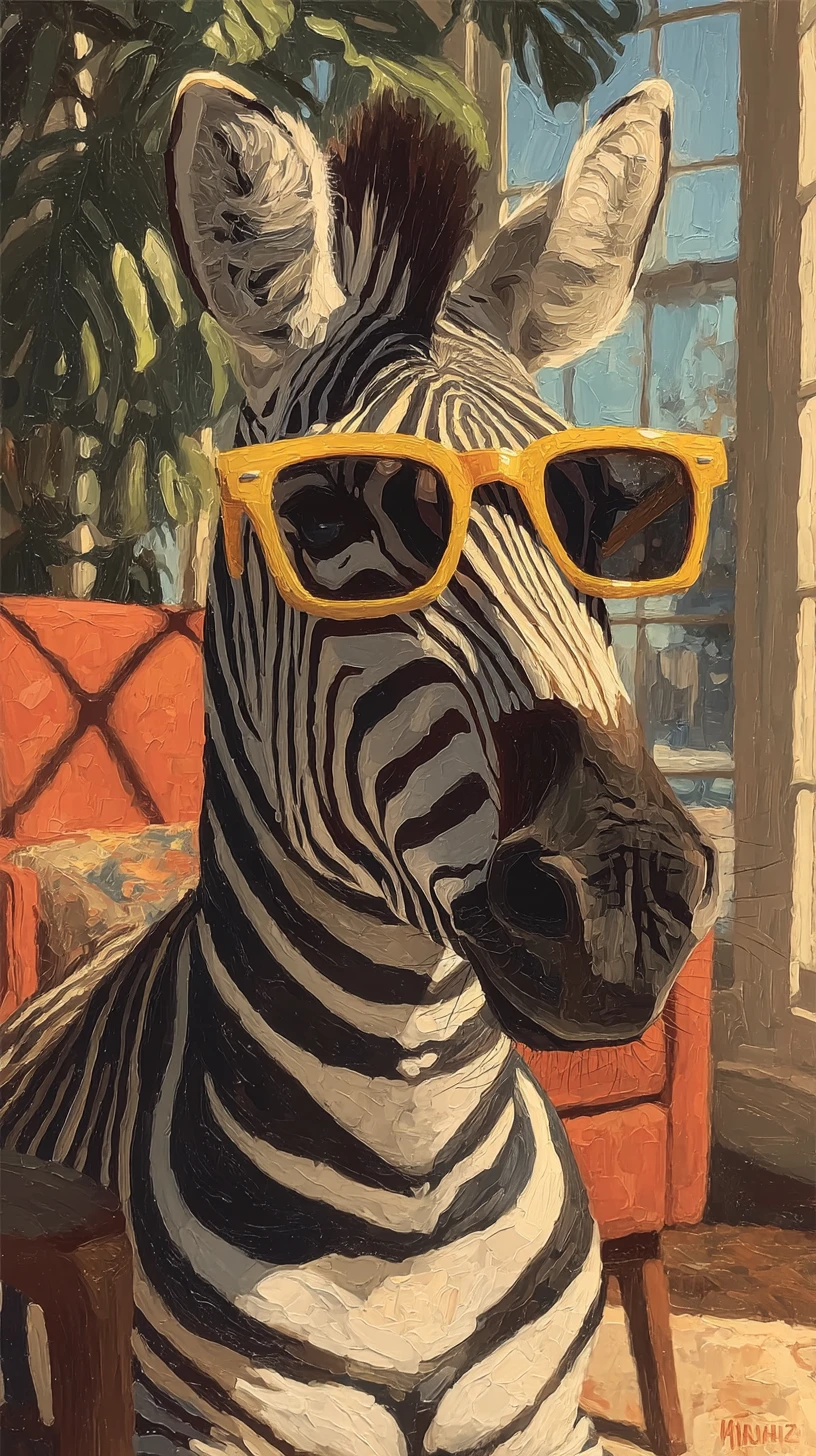 Zebra With Yellow Glasses Standing In A Living Room
