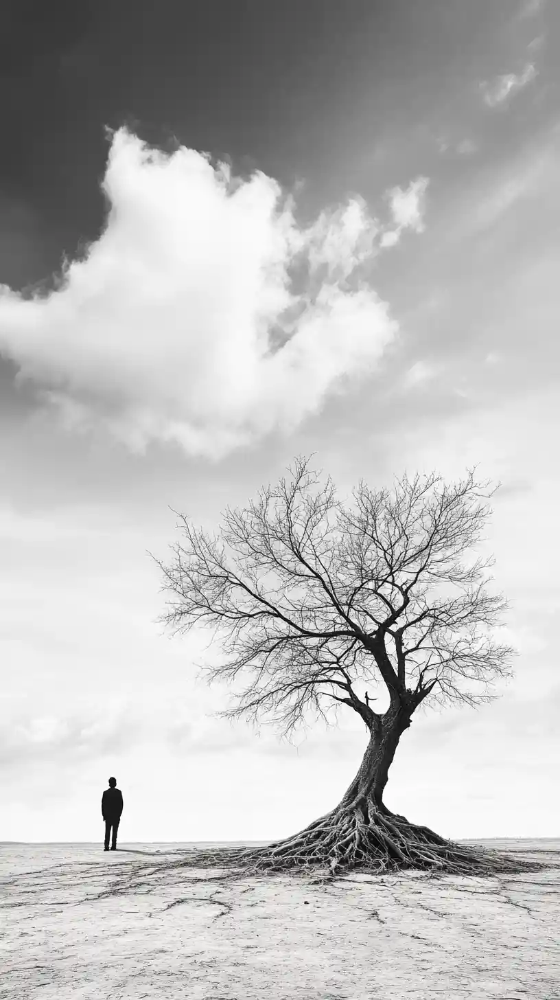 Albero solitario e figura distante in paesaggio minimalista monocromatico