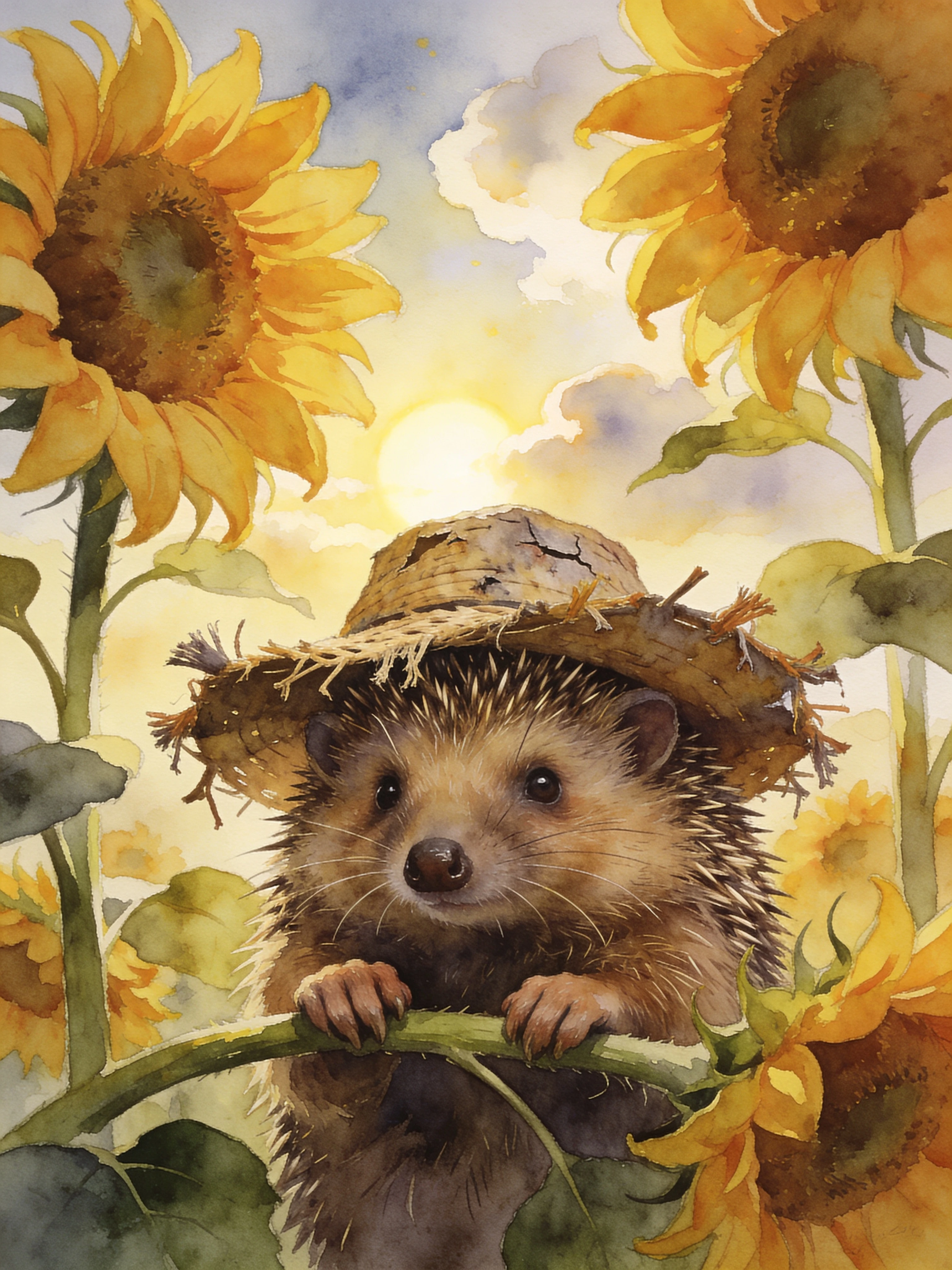 Erizo antropomórfico entre girasoles en un día soleado