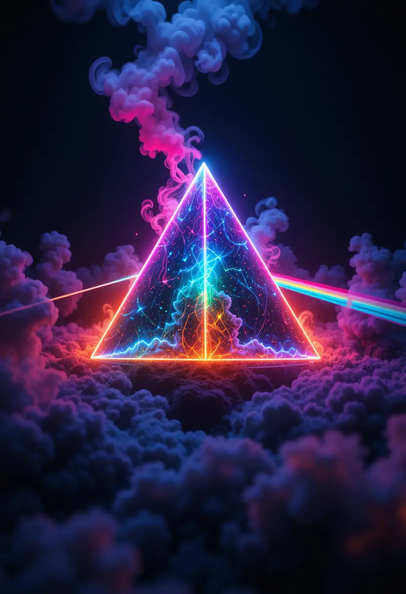 Leuchtende Neon-3D-Pyramide in einer dunklen kosmischen Traumlandschaft