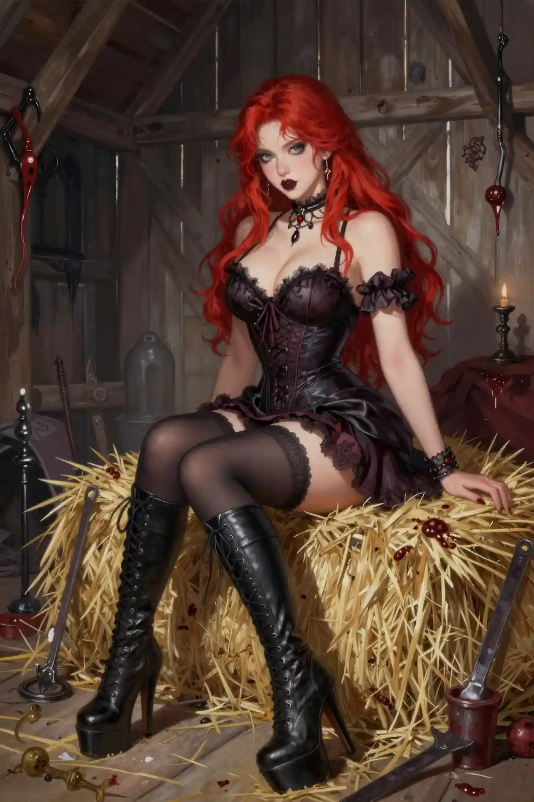 Curvy red haired woman in gothic dress on haystack