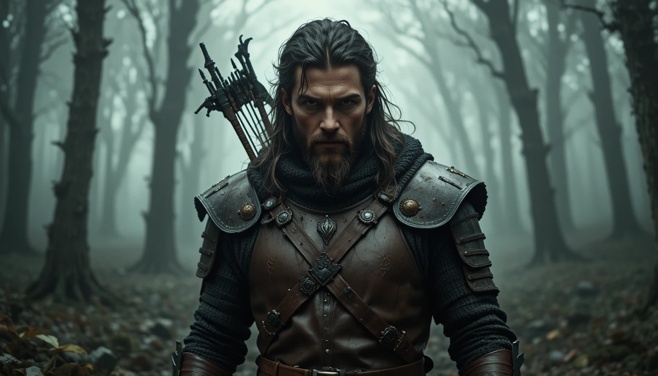 Medieval archer standing in a misty forest with eerie tension