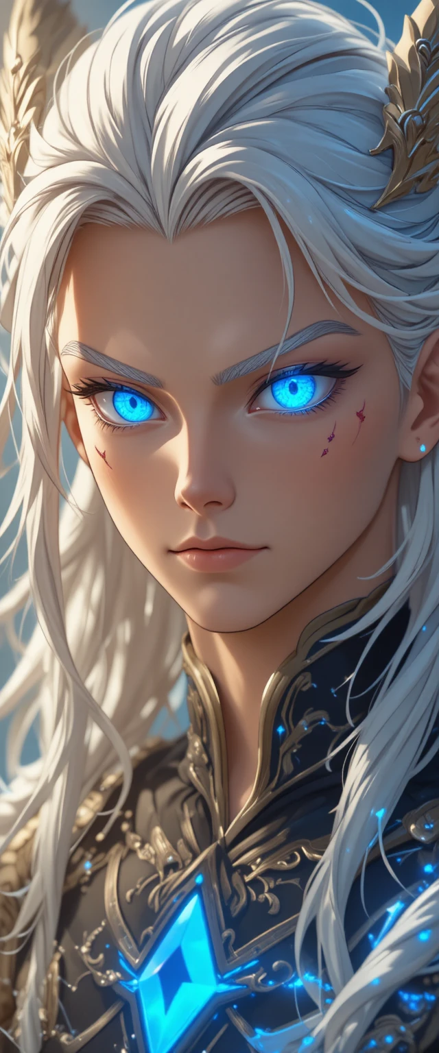 Blue eyed anime man with white tousled hair and pointed ears