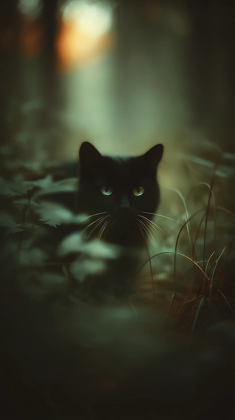 Schwarze Katze mit smaragdgrünen Augen im Schatten des Waldes