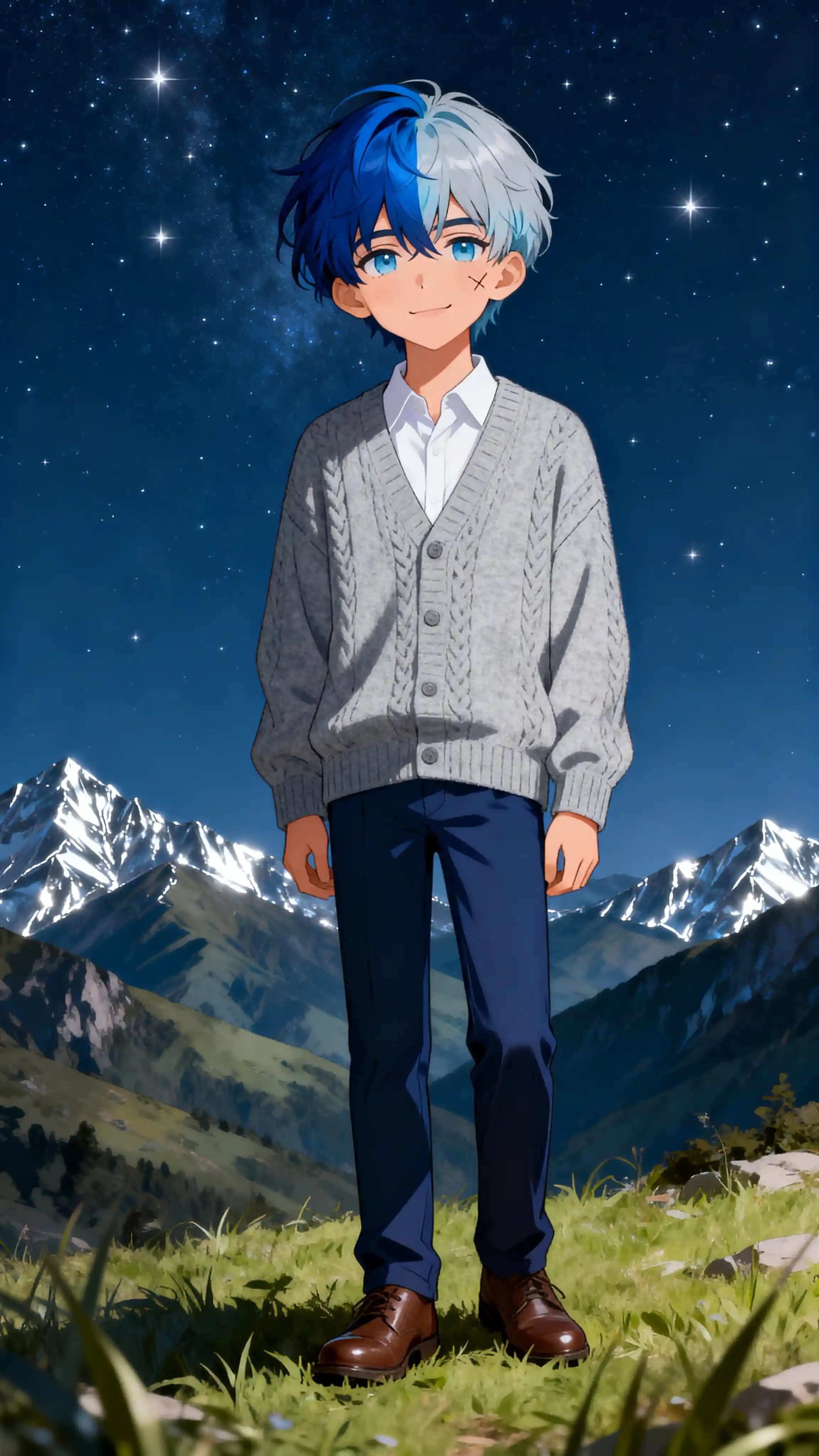 Blue haired anime man standing under a starry mountain sky