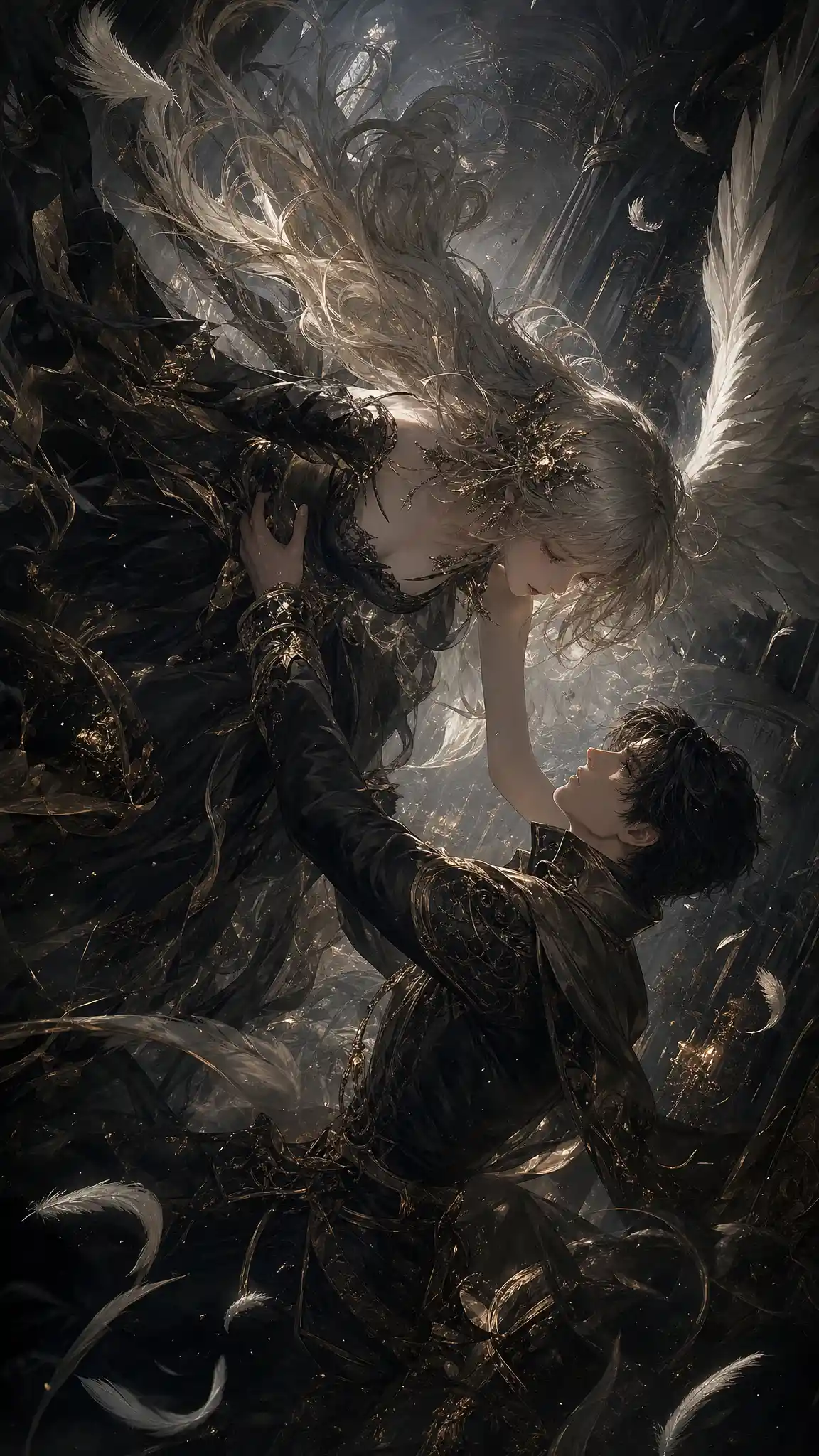 Fallen angel girl caught in a dark fantasy sky