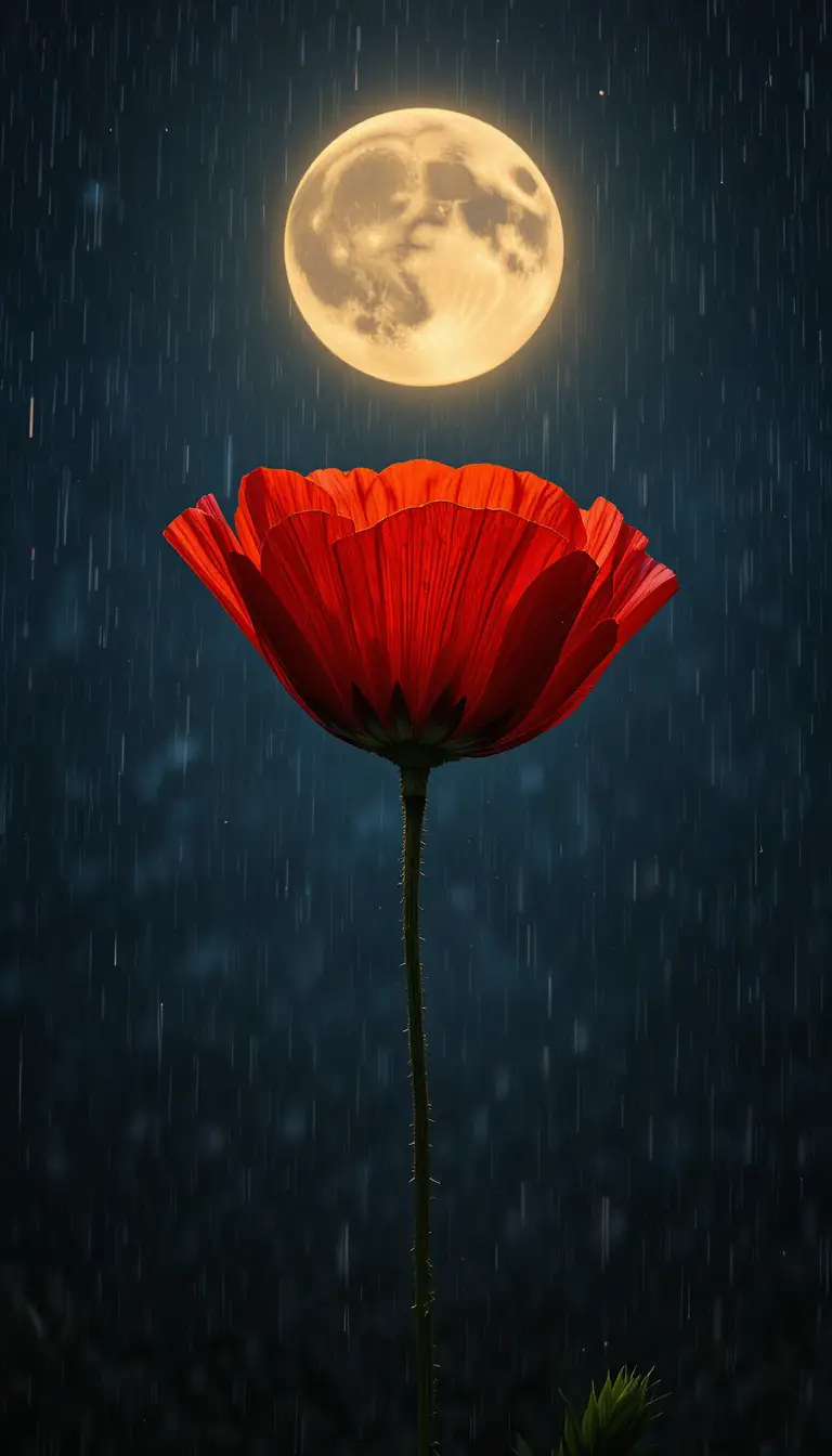 Red poppy glowing under a moonlit rainy night sky