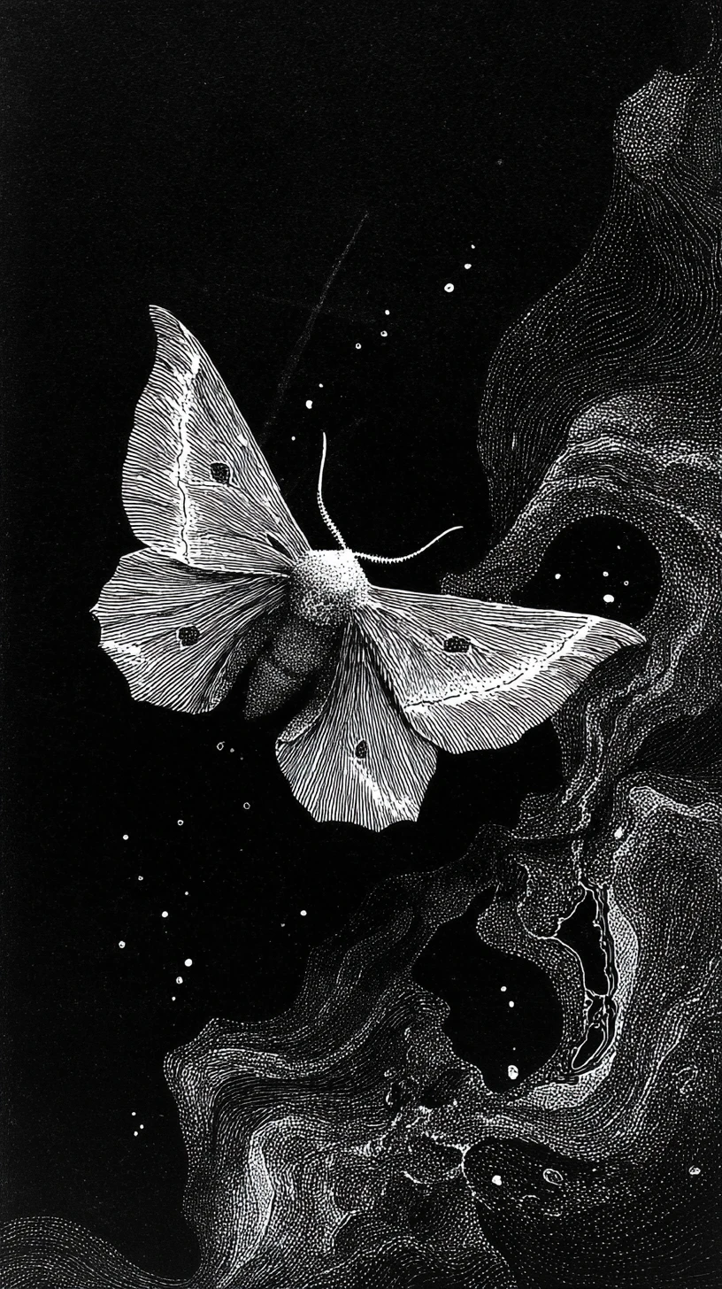 Moth with floral wing dissolving into swirling abstraction